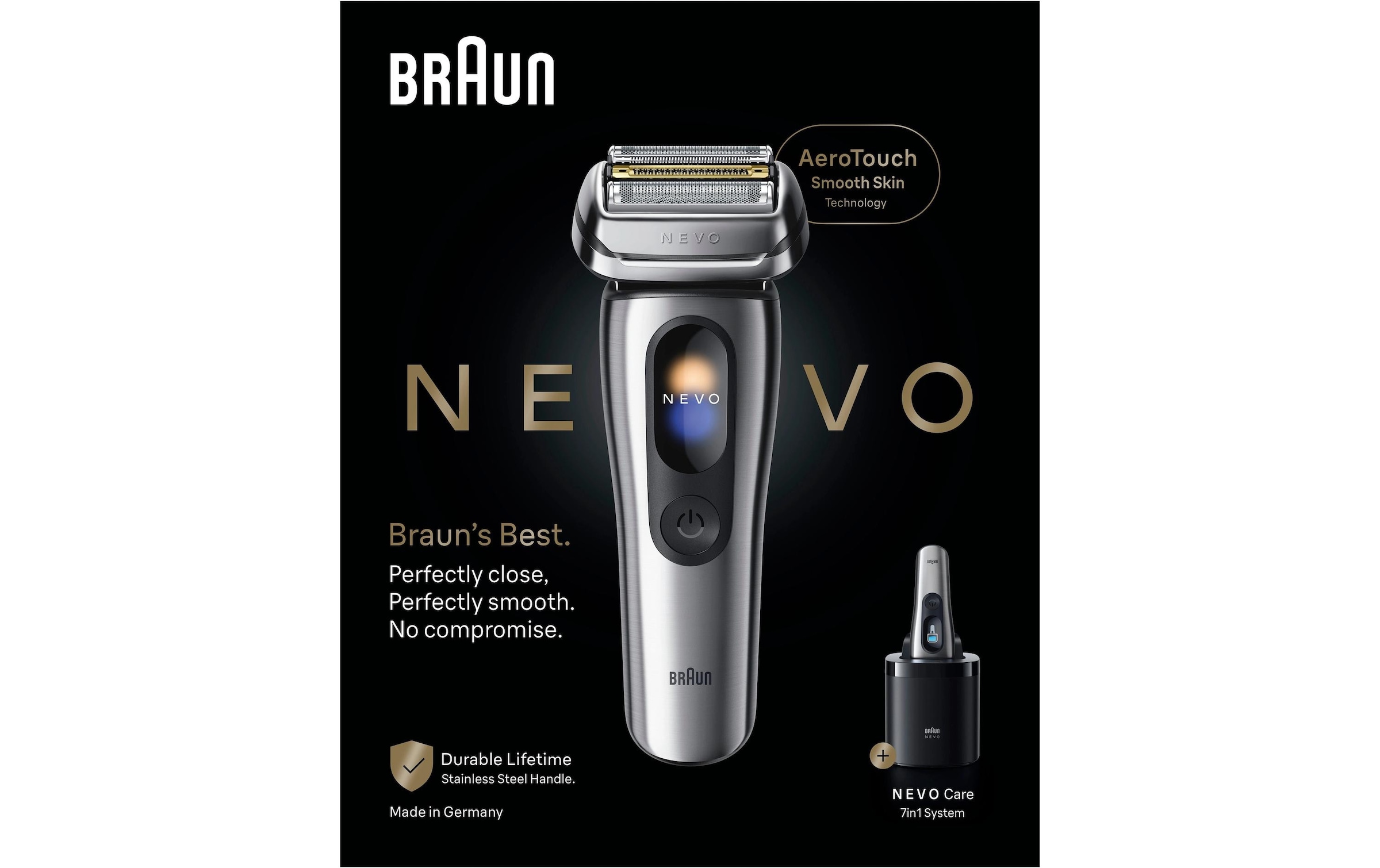 Braun »NEVO 11000cc« station de nettoyage SmartClean Plus Tondeuse de précision intégrée AeroTouch, écran intelligent, système de soin 7-en-1, étui de voyage, argent