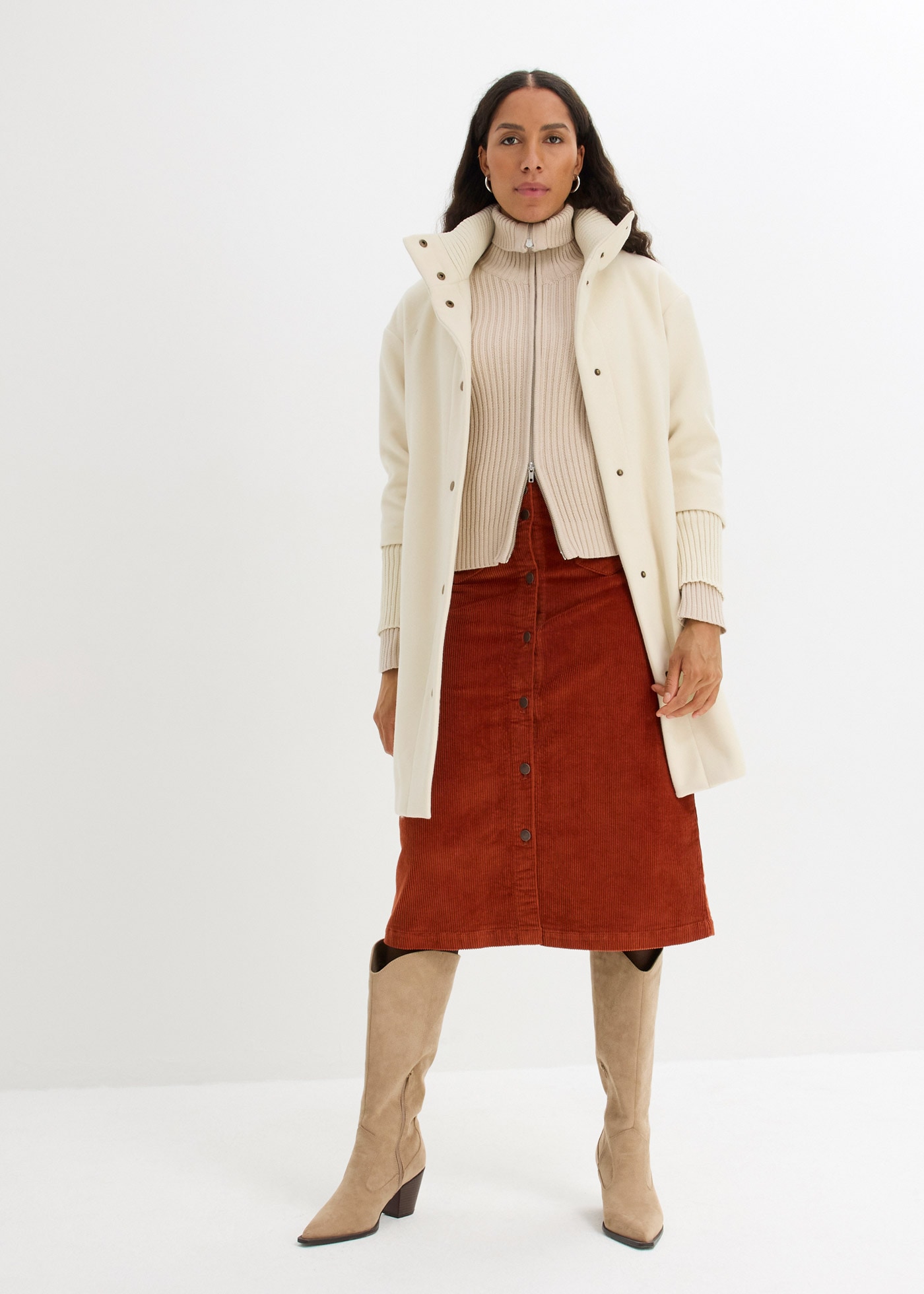 bonprix Cordrock mit Stretch, mit durchgehender Knopfleiste, mit Gürtelschlaufen