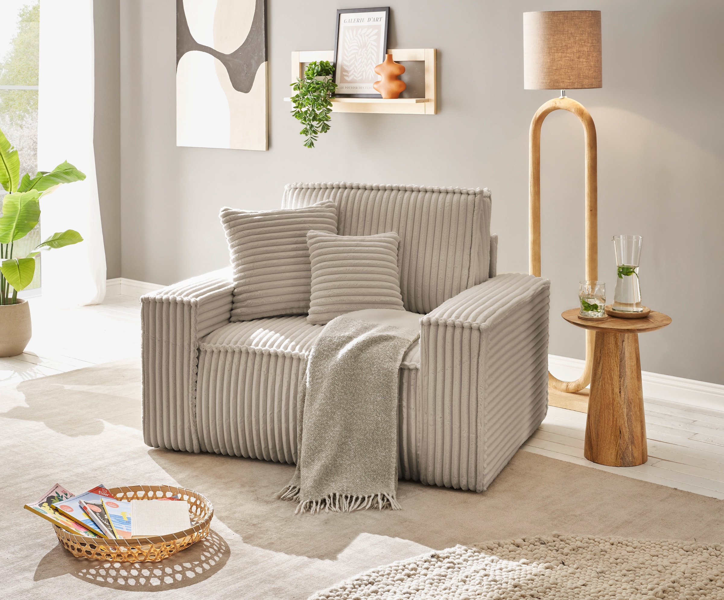 GOODproduct Loveseat »FINNLEY, XXL-Sessel, Lesesessel, trendige Stoffe, inkl. Zierkissen« 1 Stk. tlg. verfügbar in den Stoffqualitäten Bouclé, Struktur fein und Mega Cord