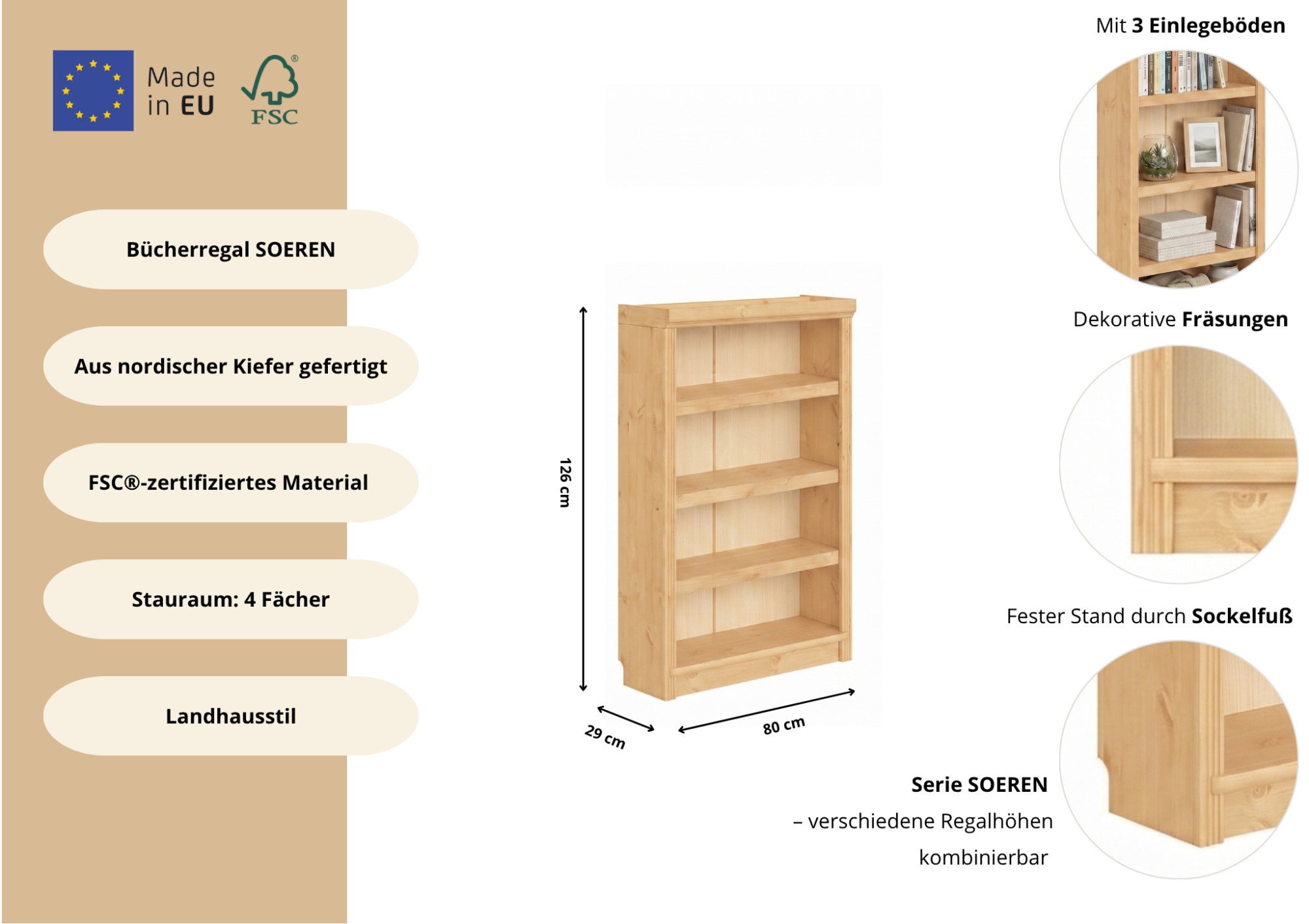 GOODproduct Étagère à livres »Soeren« en pin massif, profondeur 29 cm, certifié FSC®