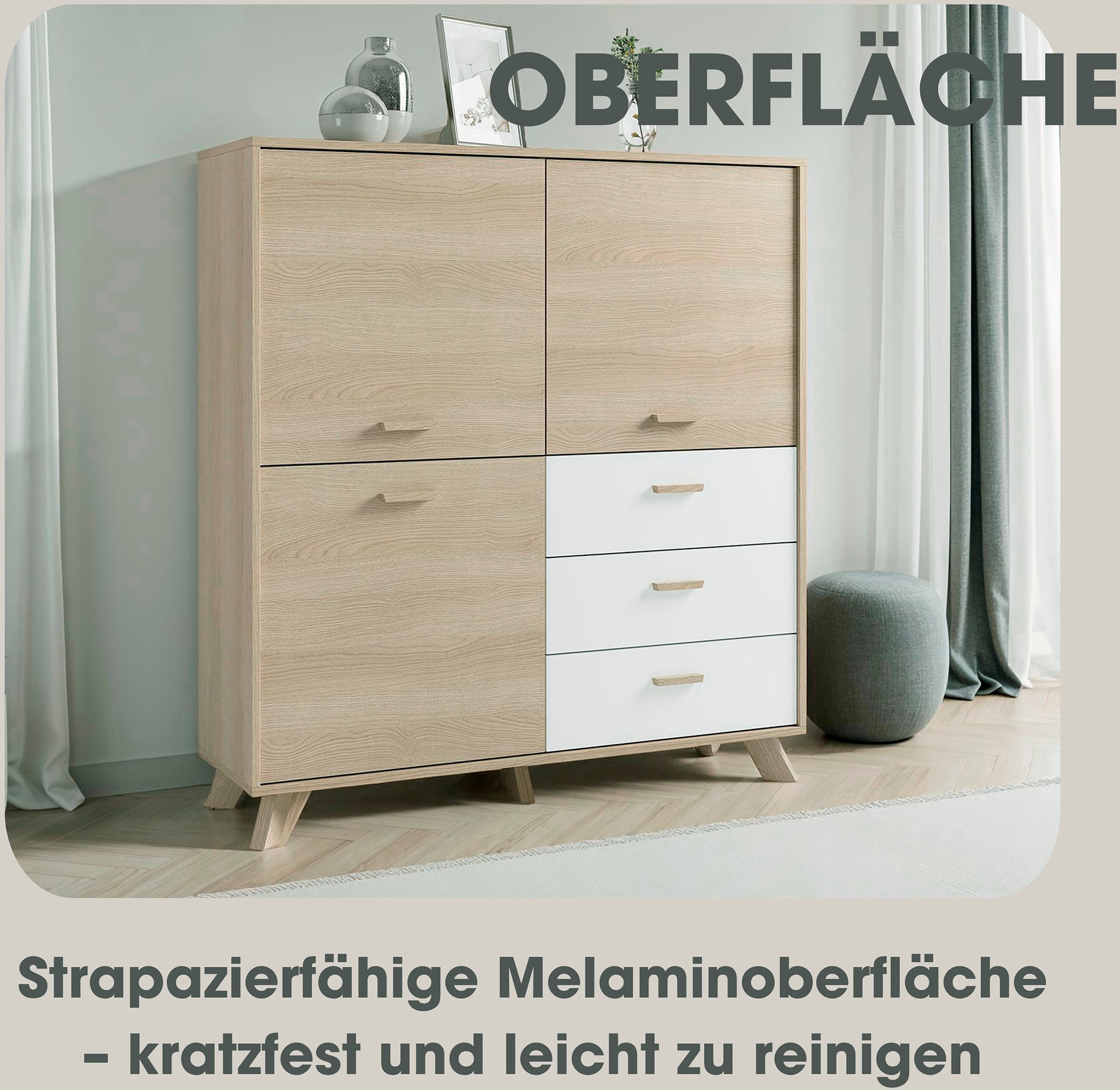 byLIVING Buffet haut »Bastian« 1 cuis tlg. mit massiven Holzfüssen und Griffen, natürlicher Eichenlook, 120cm