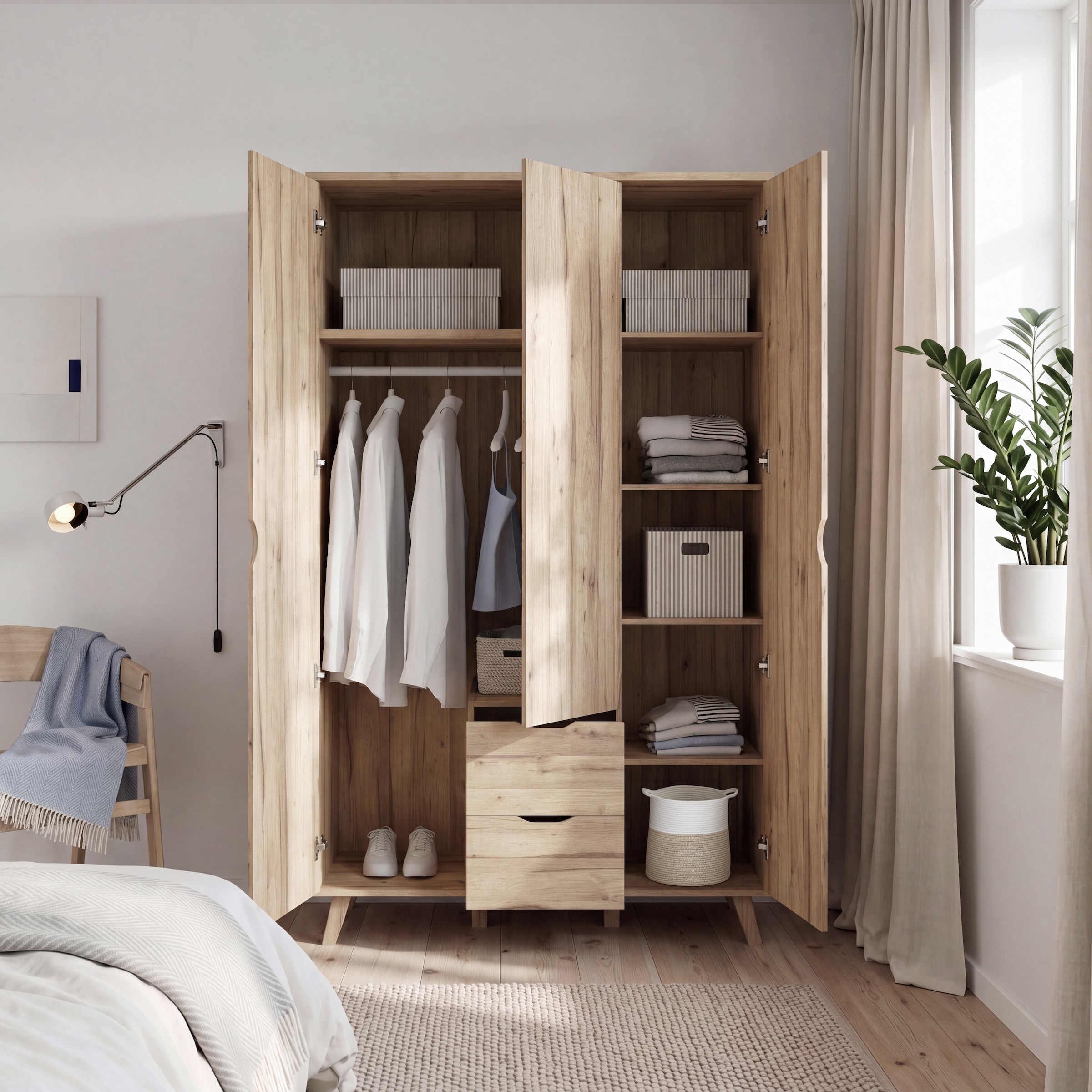FORTE Drehtürenschrank »Vankka skandinavischer-Stil, viel Stauraum, ohne Griffe« B/H/T ca.140x200x52cm,  Made in Europe, mit Einlegeböden+Kleiderstange+Schubladen,grifflos