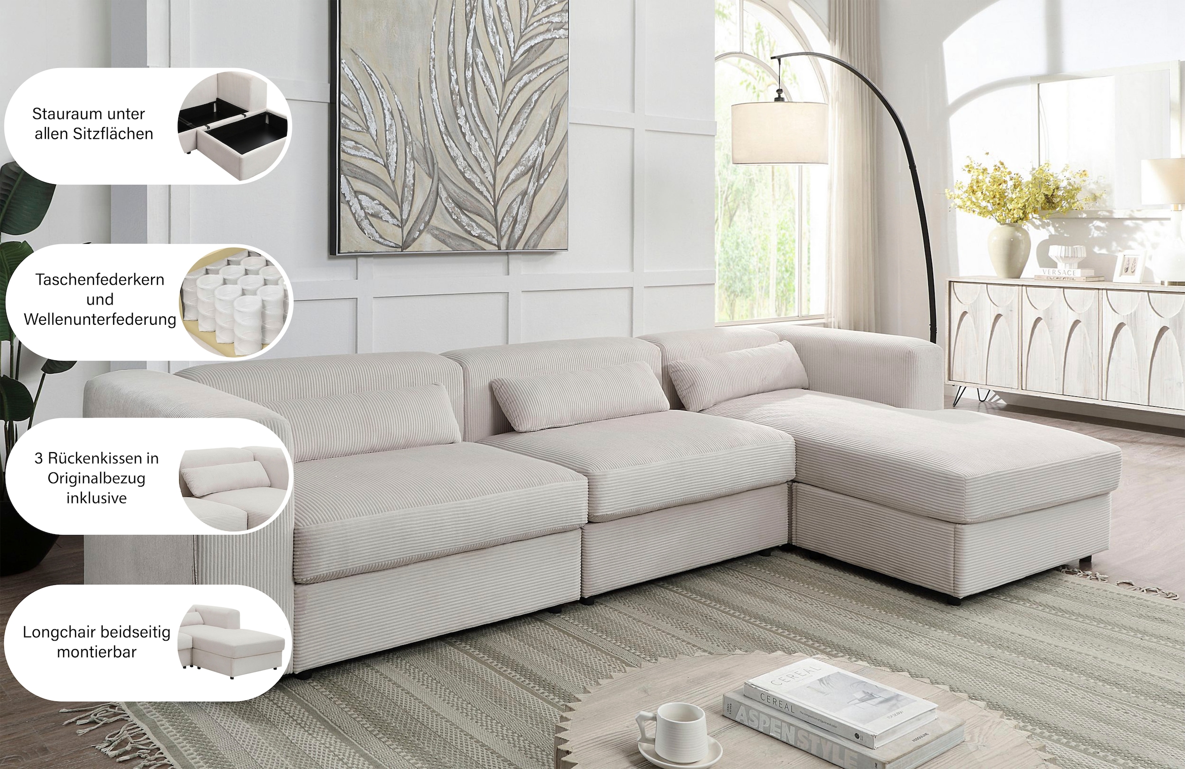 ATLANTIC home collection Ecksofa »Uno, L-Form, Breite: 307cm« beidseitig montierbarem Longchair,mit Taschenfederkern, in Cord