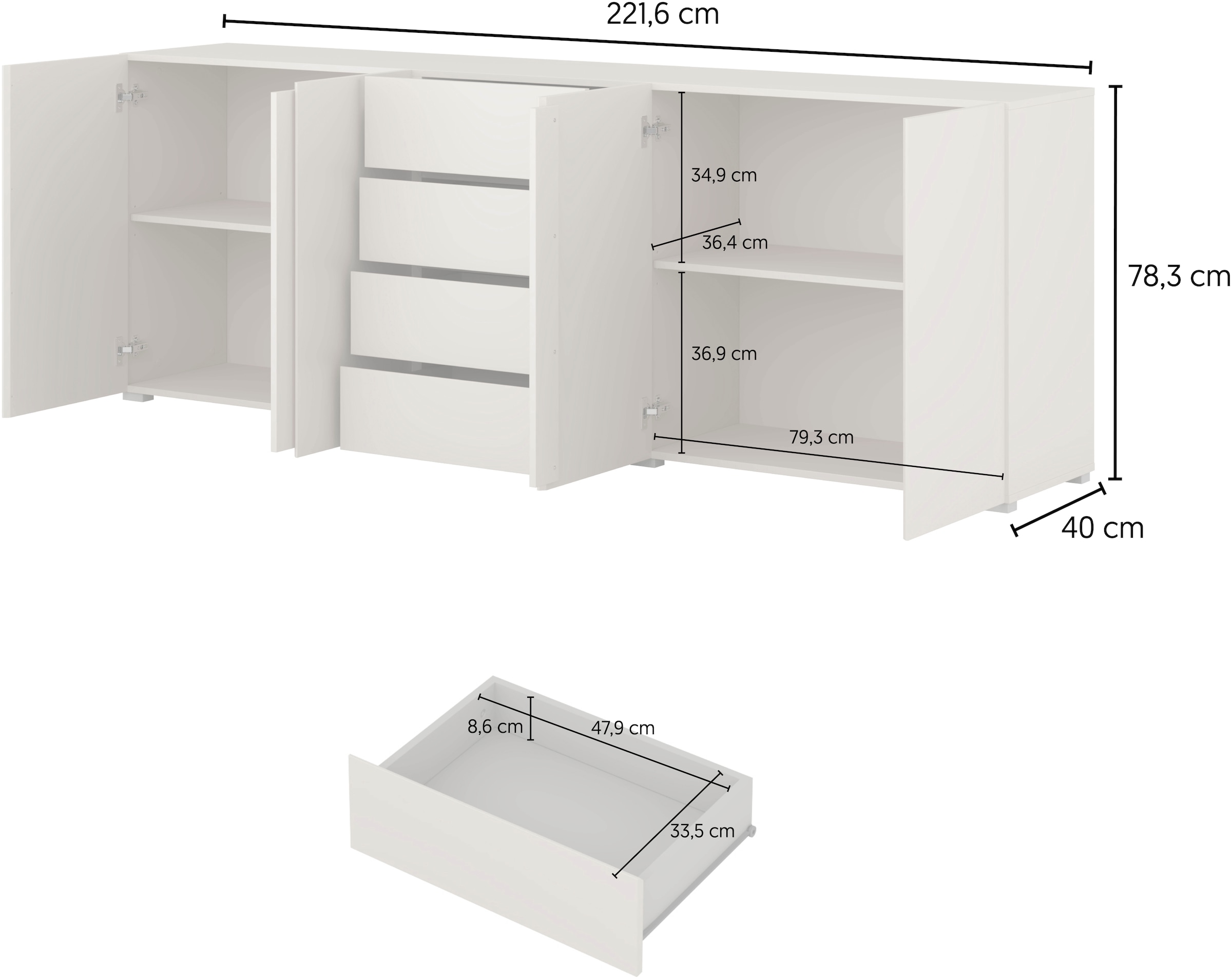GOODproduct Buffet »Metric,Breite 222 cm, grifflose Kommode 4 Türen/4 Schubkästen« commode à tiroirs avec beaucoup de rangement, étagères réglables