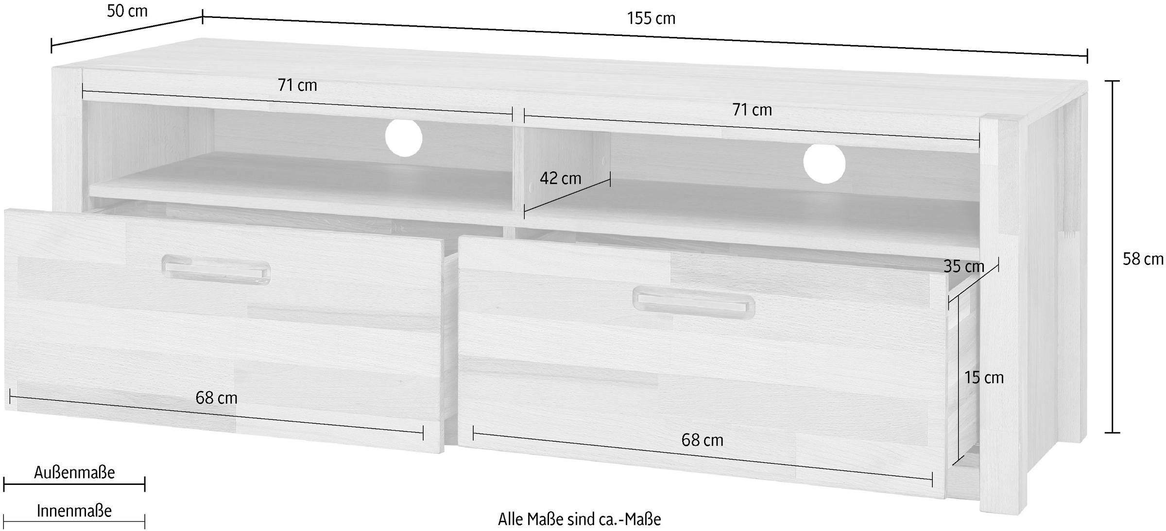 MCA living Lowboard »Fenja TV-Element, Kommode,TV-Möbel,Breite 155 cm« Set, 1 Stück, 1 Stk. tlg. Massivholz, 2 Schubkästen, 2 offene Fächer, maximale TV-Grösse 60 Zoll