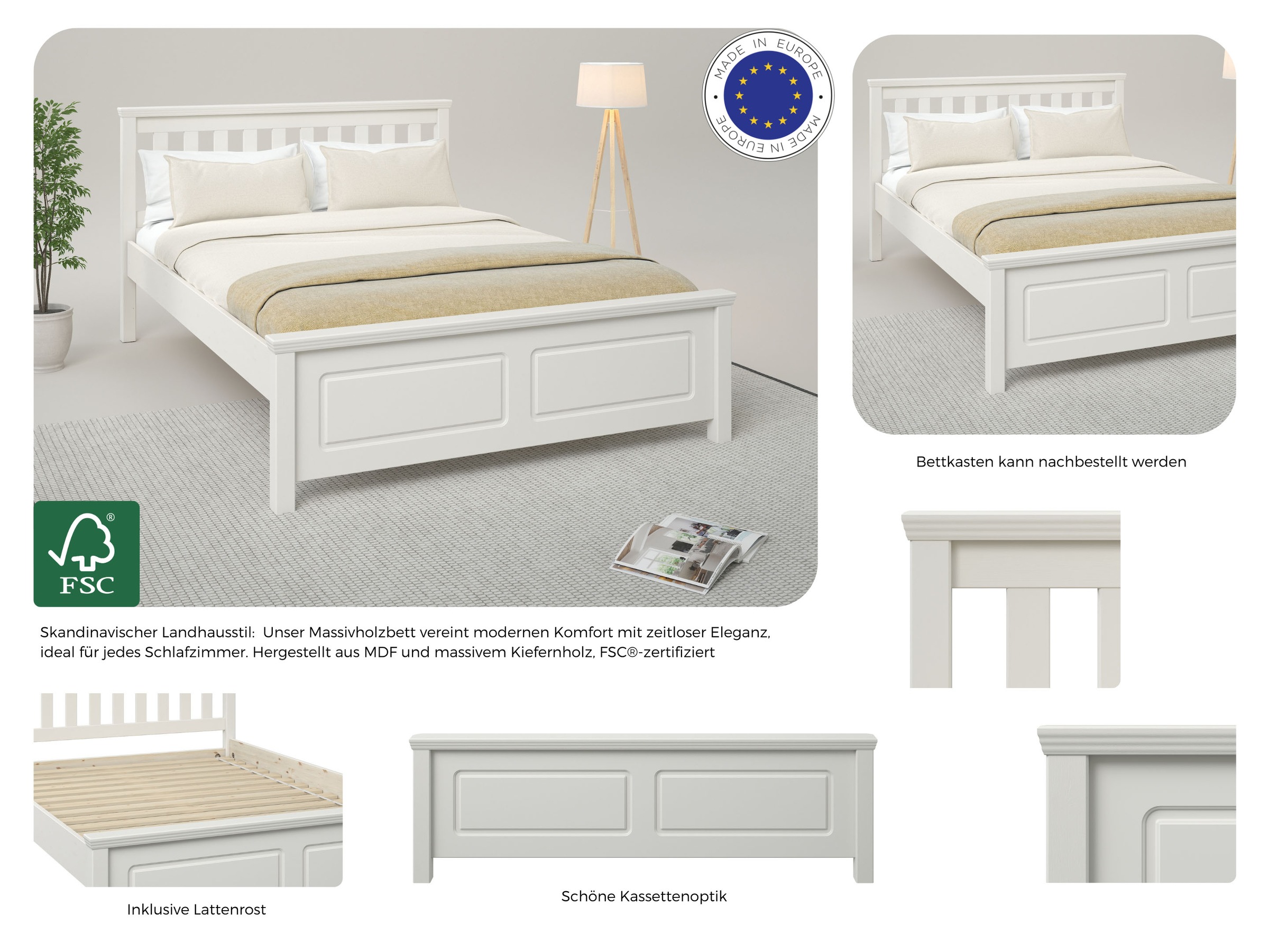 GOODproduct Lit »Fredegard, skandinavischer Stil, vielseitig kombinierbar, 2 Breiten« 180er oder 140er Breite,  teilmassiv, Sprossen am Kopfteil, mit Lattenrost, Kassettenoptik