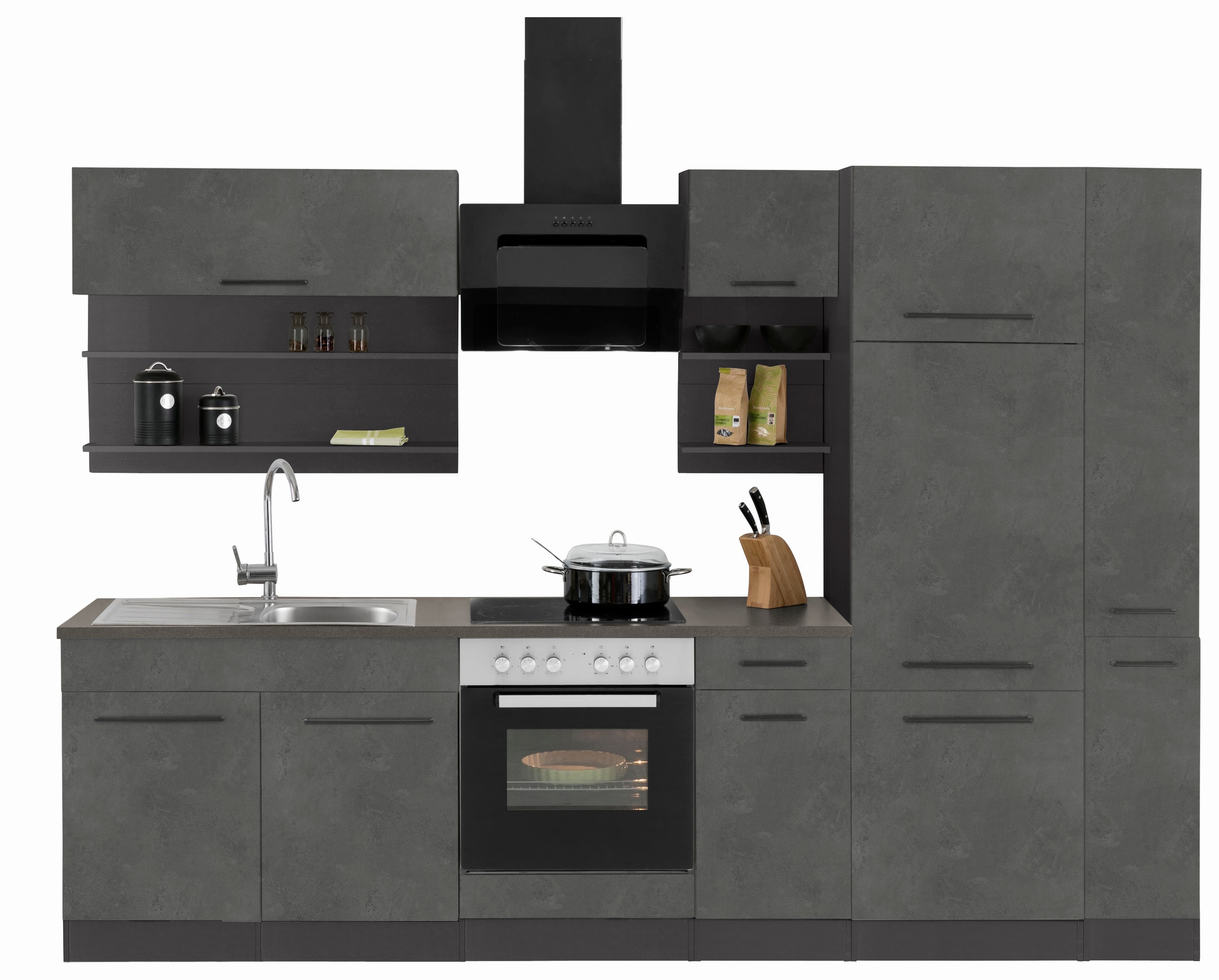 KOCHSTATION Küchenzeile »KS-Tulsa« ohne E-Geräte, Breite 300 cm, schwarze Metallgriffe, MDF Fronten
