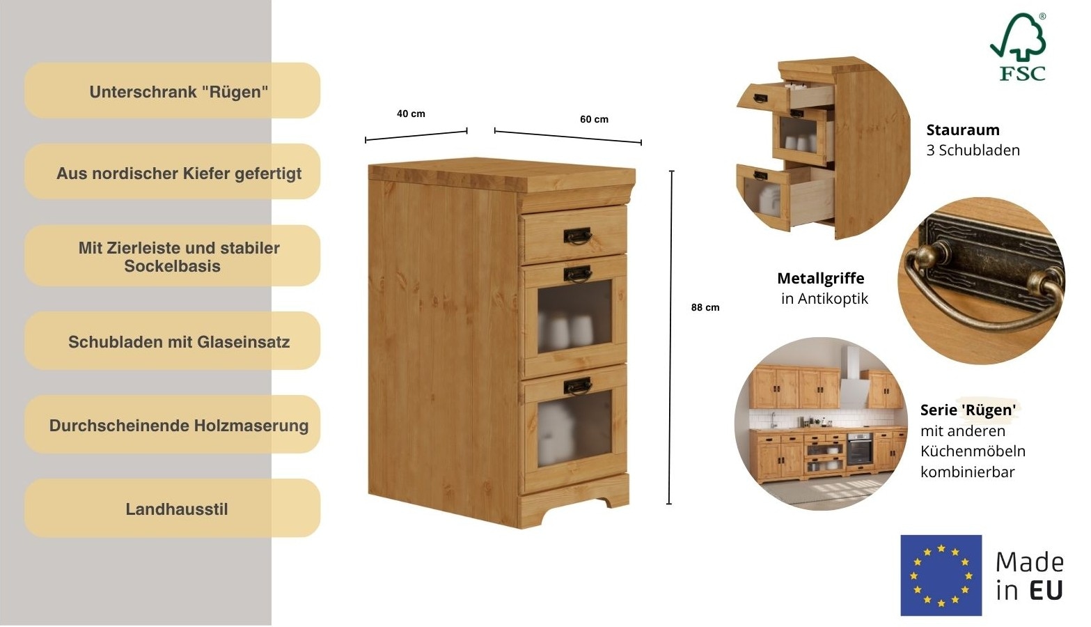 Home affaire Armoire basse »Rügen« Breite 40 cm, Kiefer massiv, Schubkästen mit Glaseinsatz