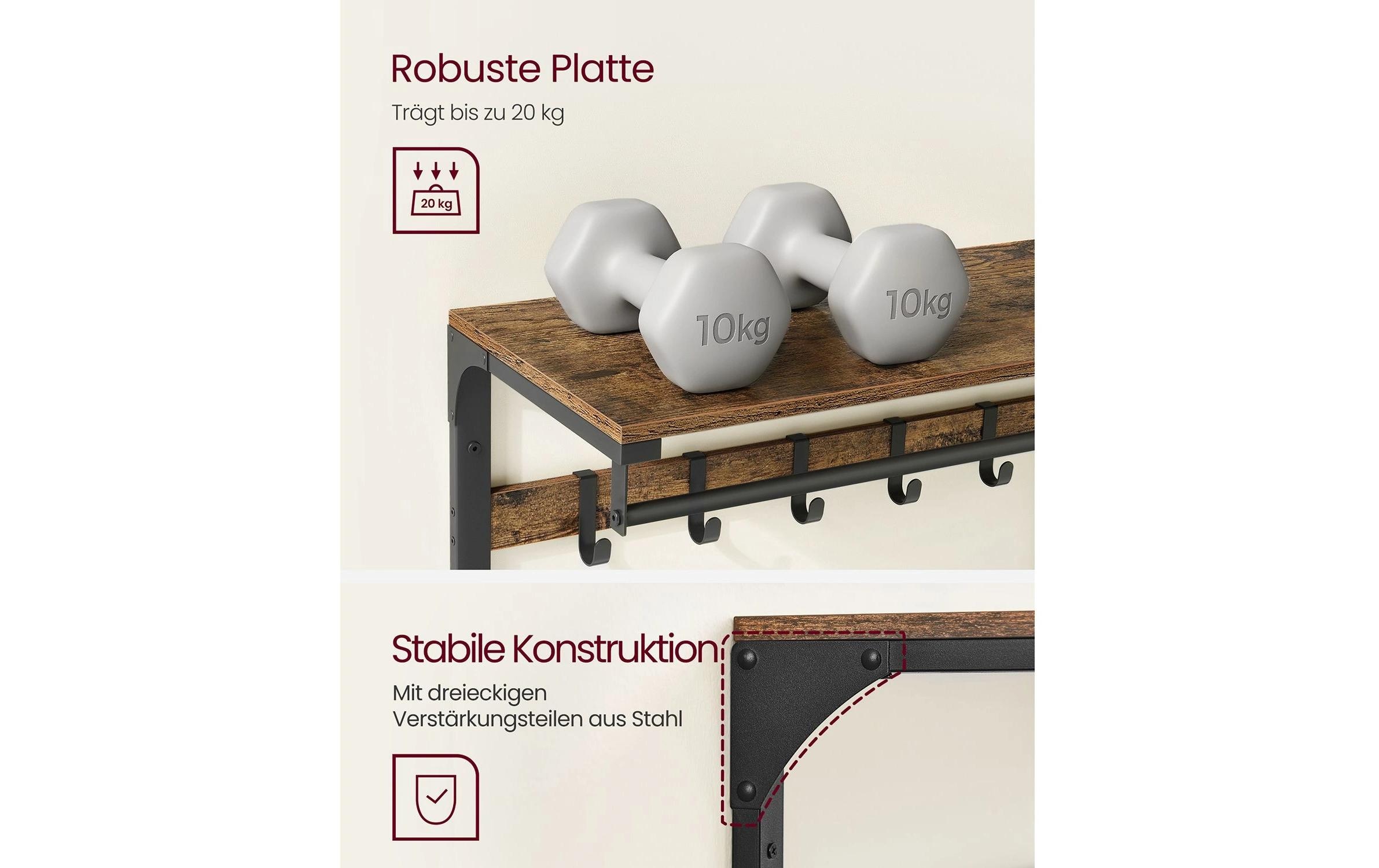 VASAGLE Porte-manteau mural »im Industriestil mit Ablage 80 x 30 x 45 cm« Wandregal mit Kleiderstange und 10 Haken