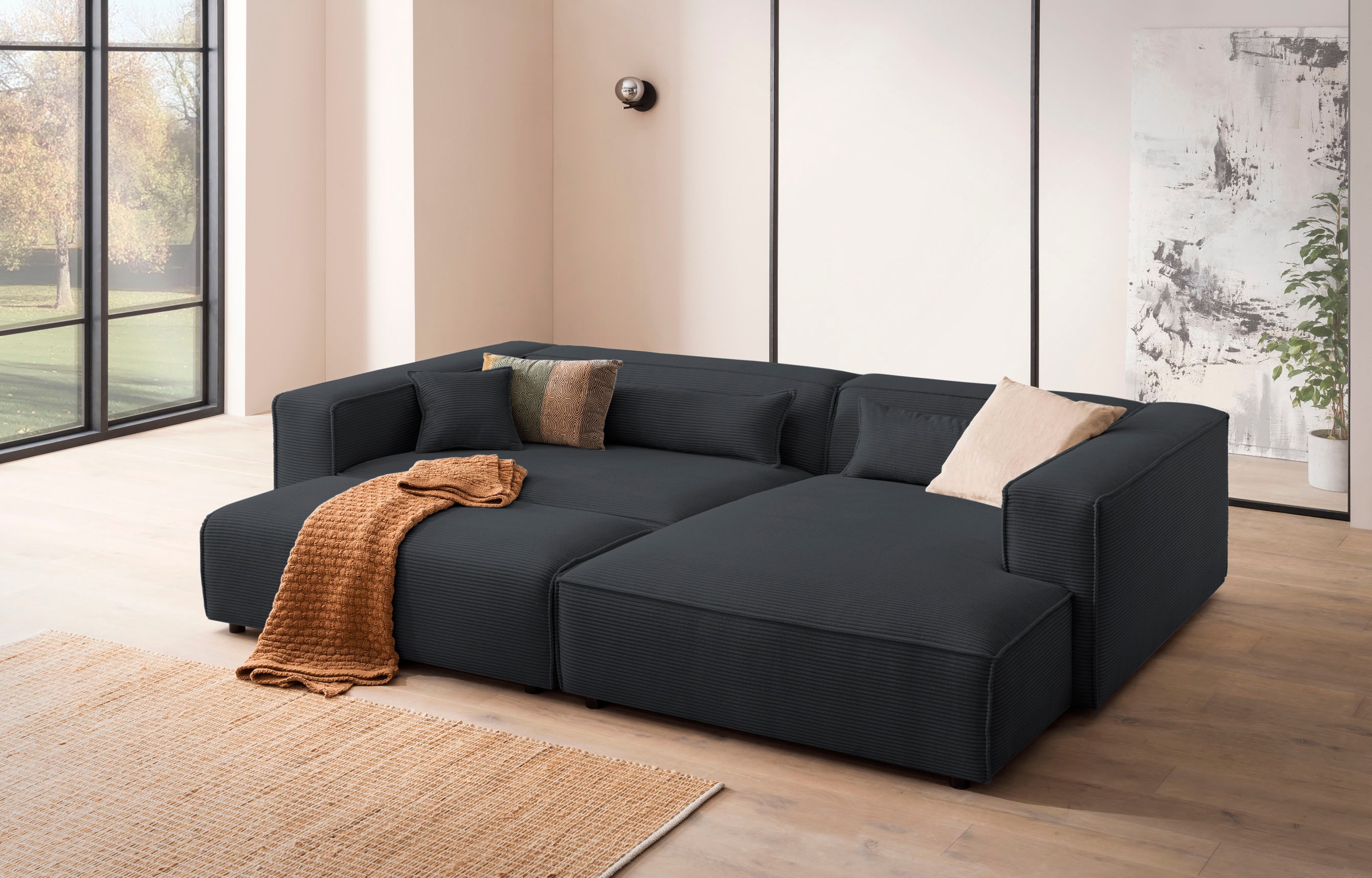 LeGer Home by Lena Gercke Canapé d'angle »PIARA XXL, L-Form, Schlaffunktion, Cord, Leinenoptik o. Strukturstoff« Hocker stellbar zum Schlafsofa (Krokodilverbinder), tiefe Sitzfläche