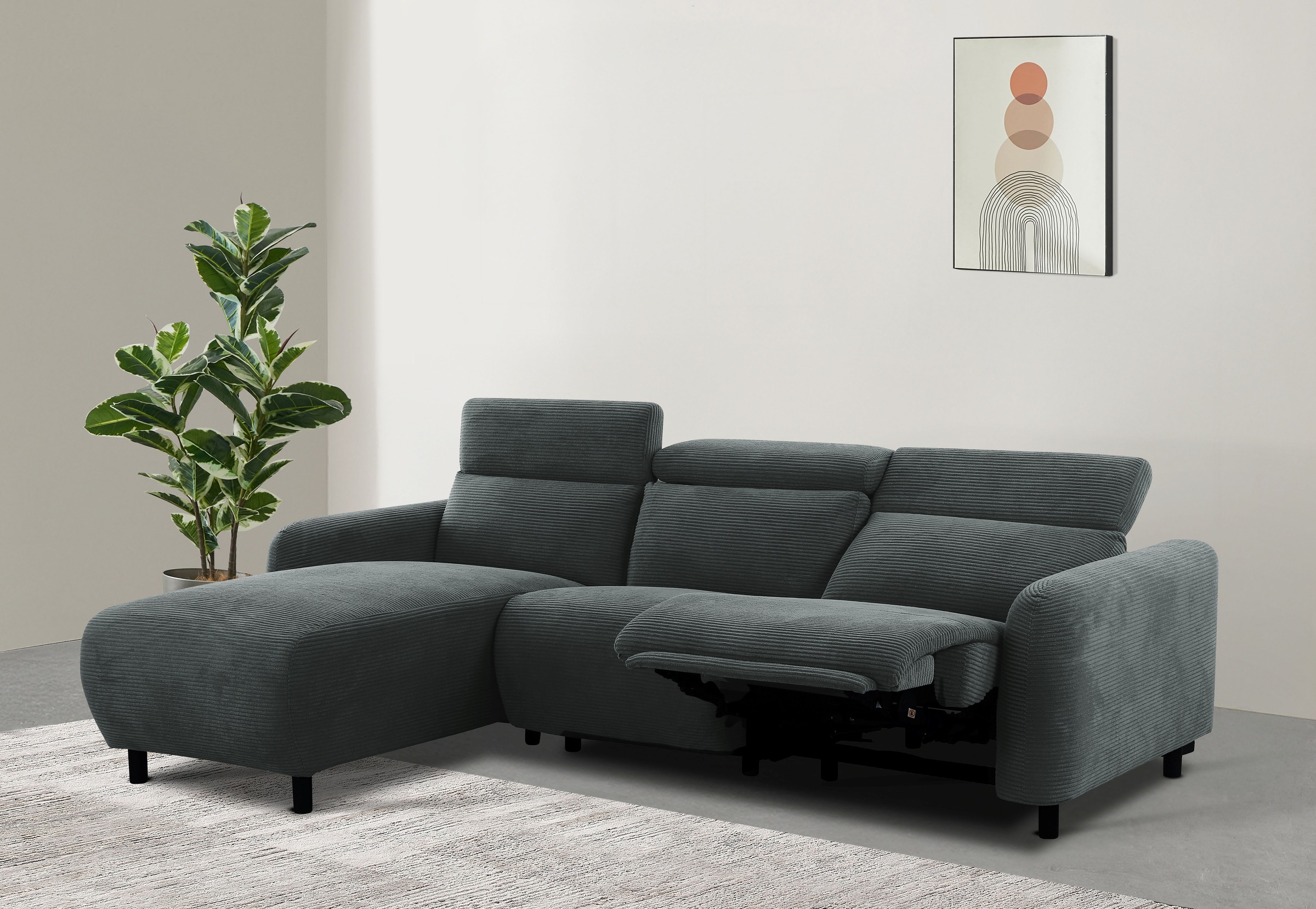 GOODproduct Ecksofa »SKAANE in Cord, L-Form, 274 cm, manuelle u. elektrische Relaxfunktion,« rundes Design, Kopfteilverstellung, Federkernpolsterung