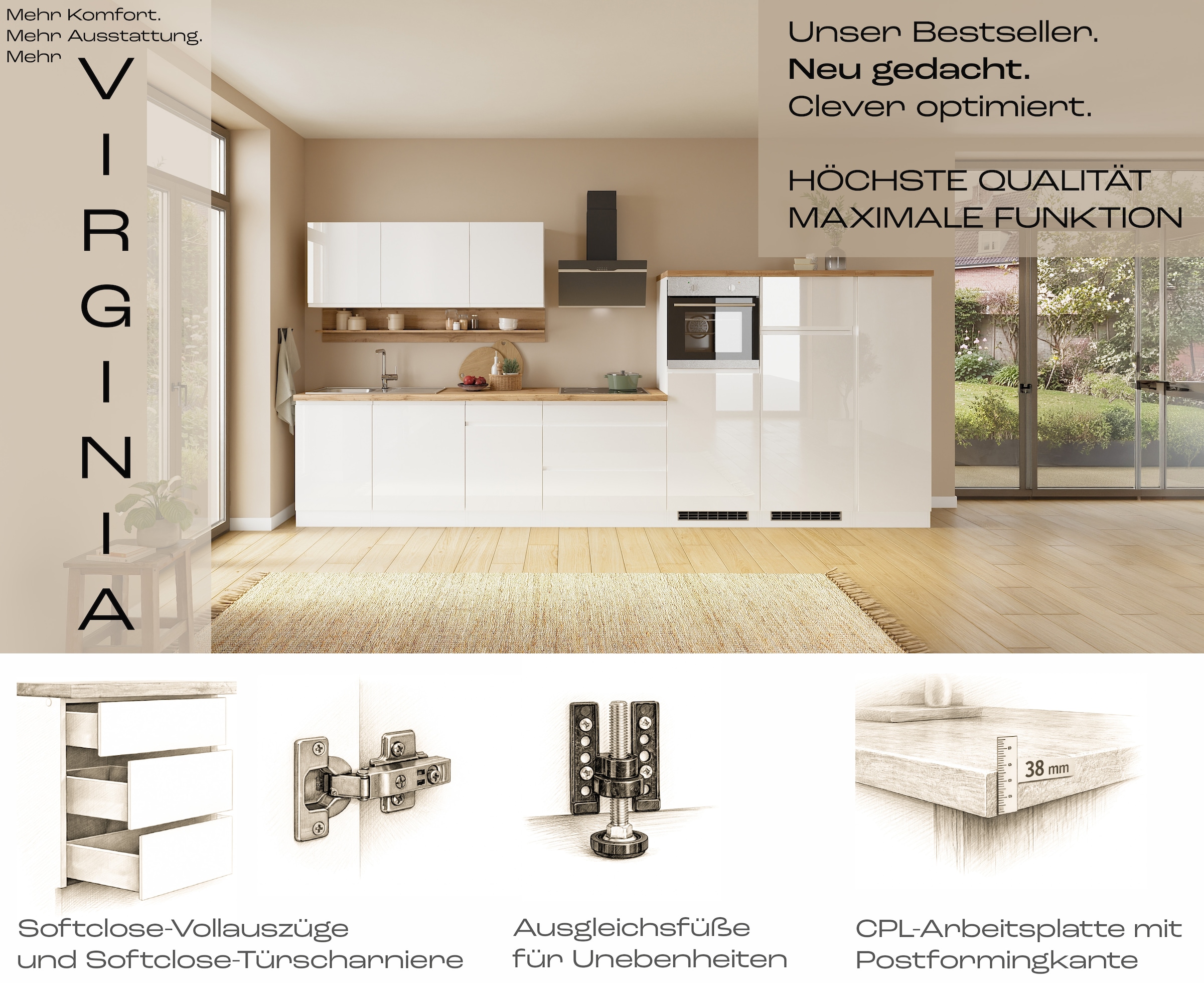KOCHSTATION Küchenzeile »KS-Virginia,neu in verbesserter Ausführung« Arbeitsplatte 38 mm stark, Stauraum, Softclose,  Breite 410 cm, Softclose, wahlweise mit E-Geräten und Induktion