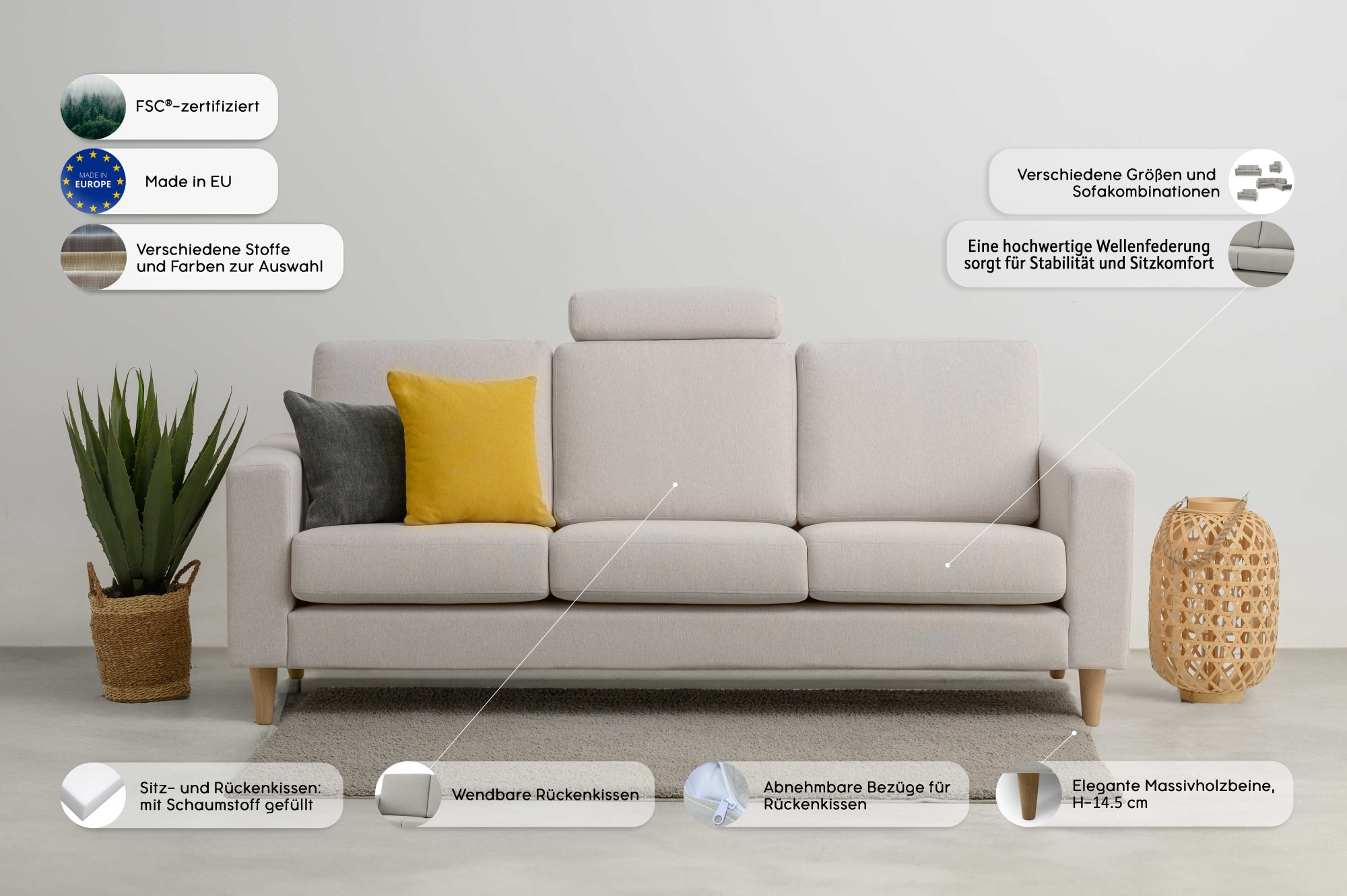 GOODproduct 3-Sitzer »Tvinno« im skandinavischen Stil, mit Massivholzfüssen, Breite 217 cm