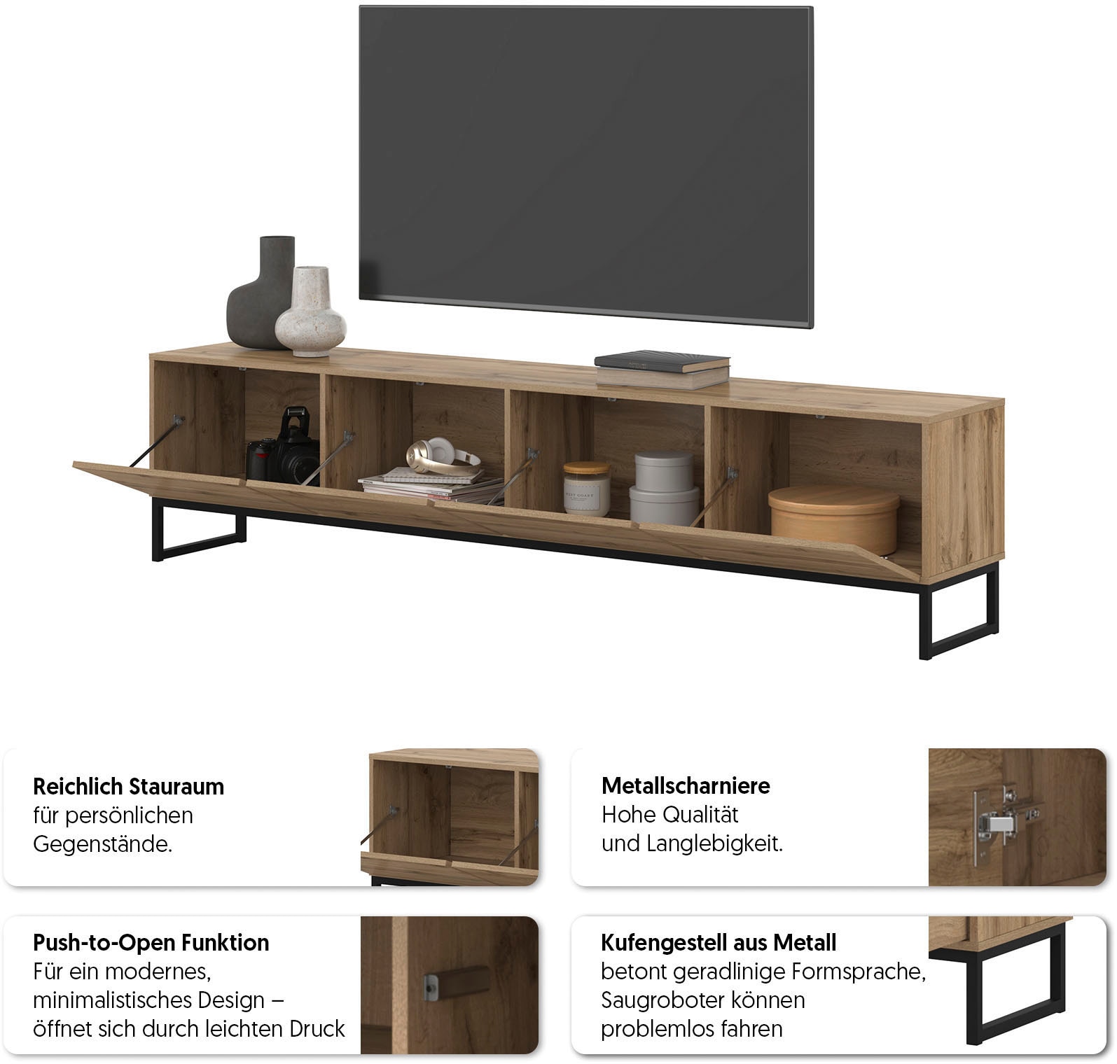 GOODproduct Lowboard »Loft, Breite 208,5 cm, TV-Board mit 4 Klappen, Metallkufen« TV-Kommode mit viel Stauraum, push-to-open-Funktion