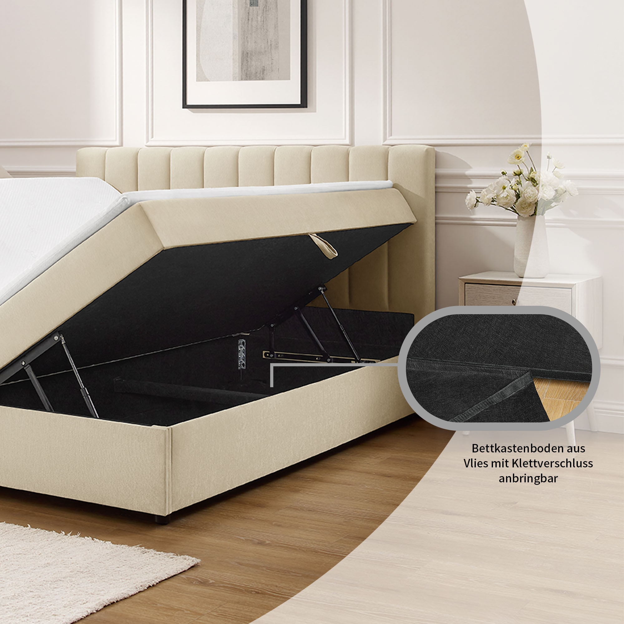 GOODproduct Lit de boxe »HAILEYY, Polsterbett mit Bettkasten, inkl. Taschenfederkernmatratze H3« avec surmatelas en mousse froide, housse en chenille, 140x200 & 180x200 cm