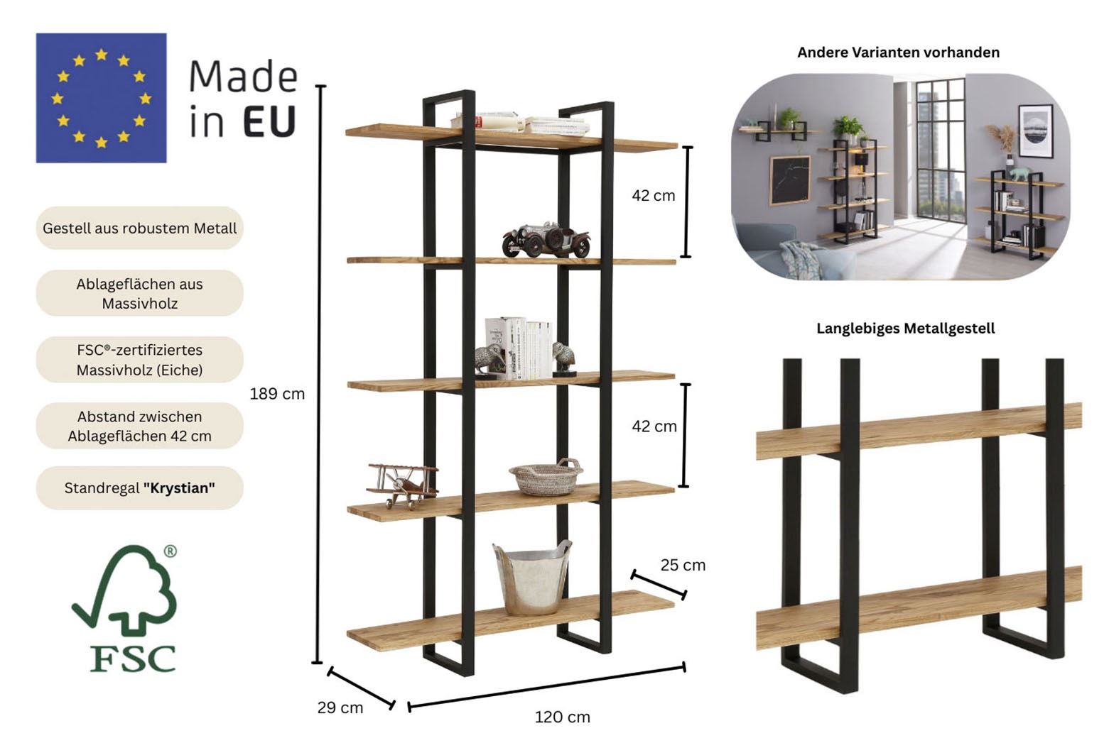 Home affaire Étagère »Krystian« Masse (B/T/H) cm: 120/29/189,  Raumteiler, Ablagen aus Eichenholz, Gestell aus robustem Metall