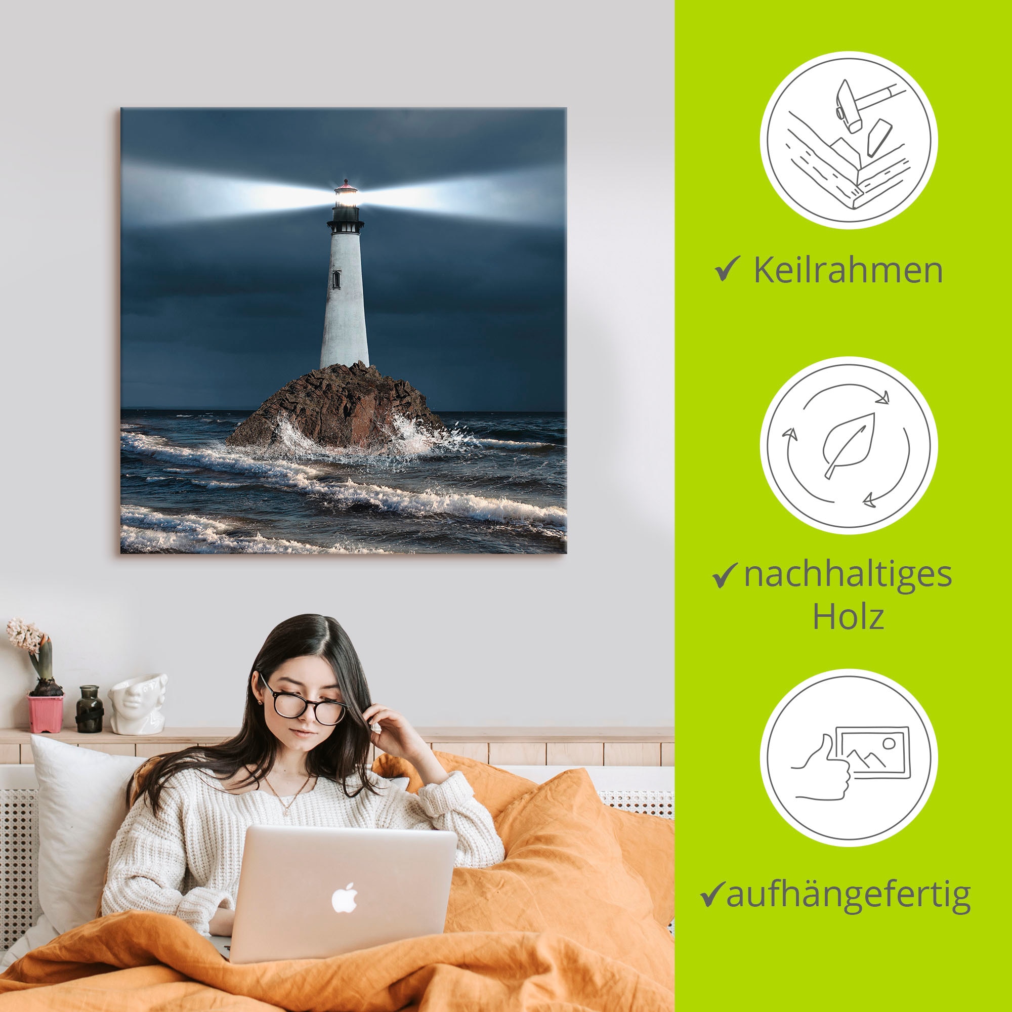 Artland »Bild von Leuchtturm mit Lichtstrahl« Gebäude 1 Stk. tlg. auf Holzrahmen gespannt