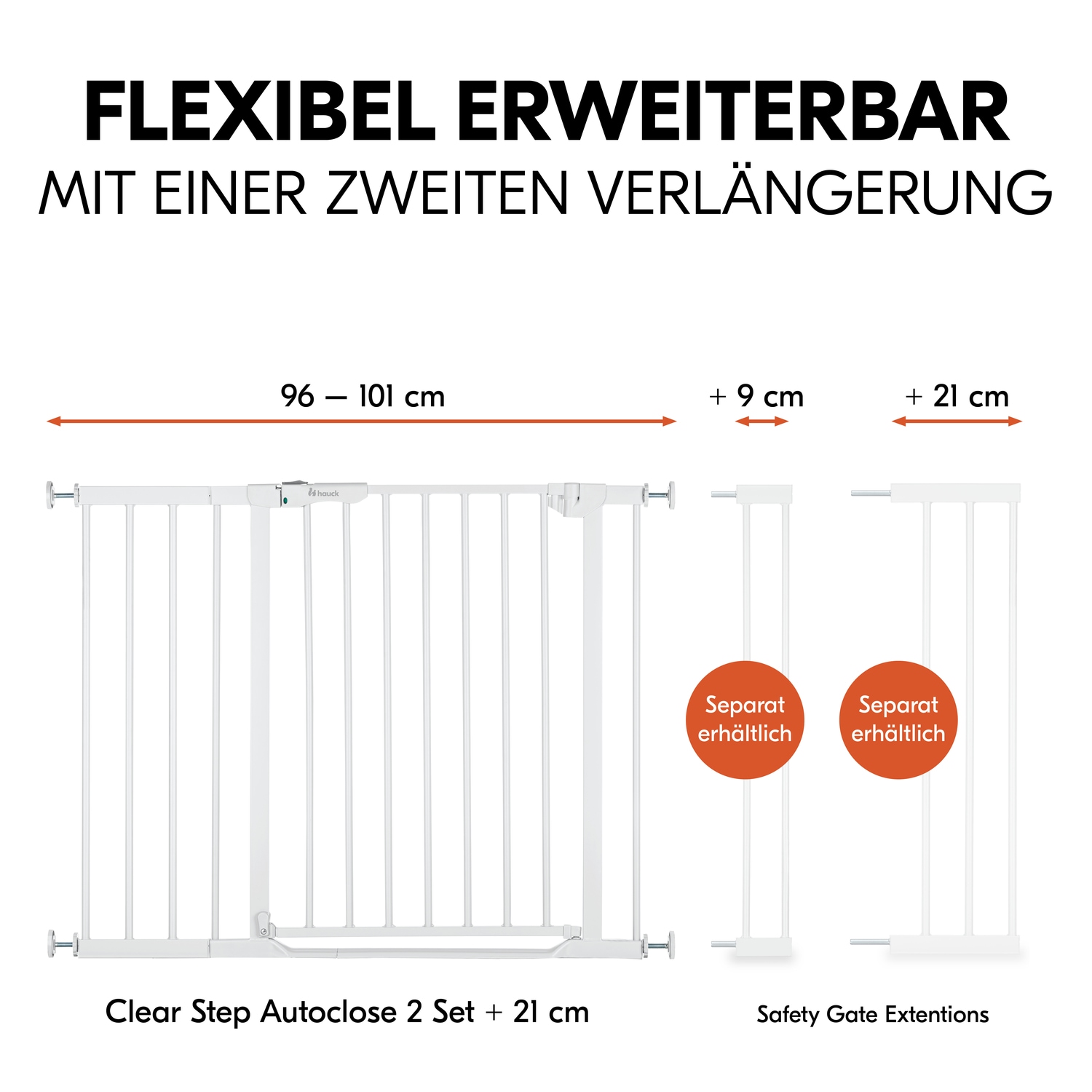 Hauck Türschutzgitter »Clear Step Autoclose 2 Set inklusive Verlängerung 21 cm, White« auch als Treppenschutzgitter verwendbar; 96-101 cm; flacher Durchgang