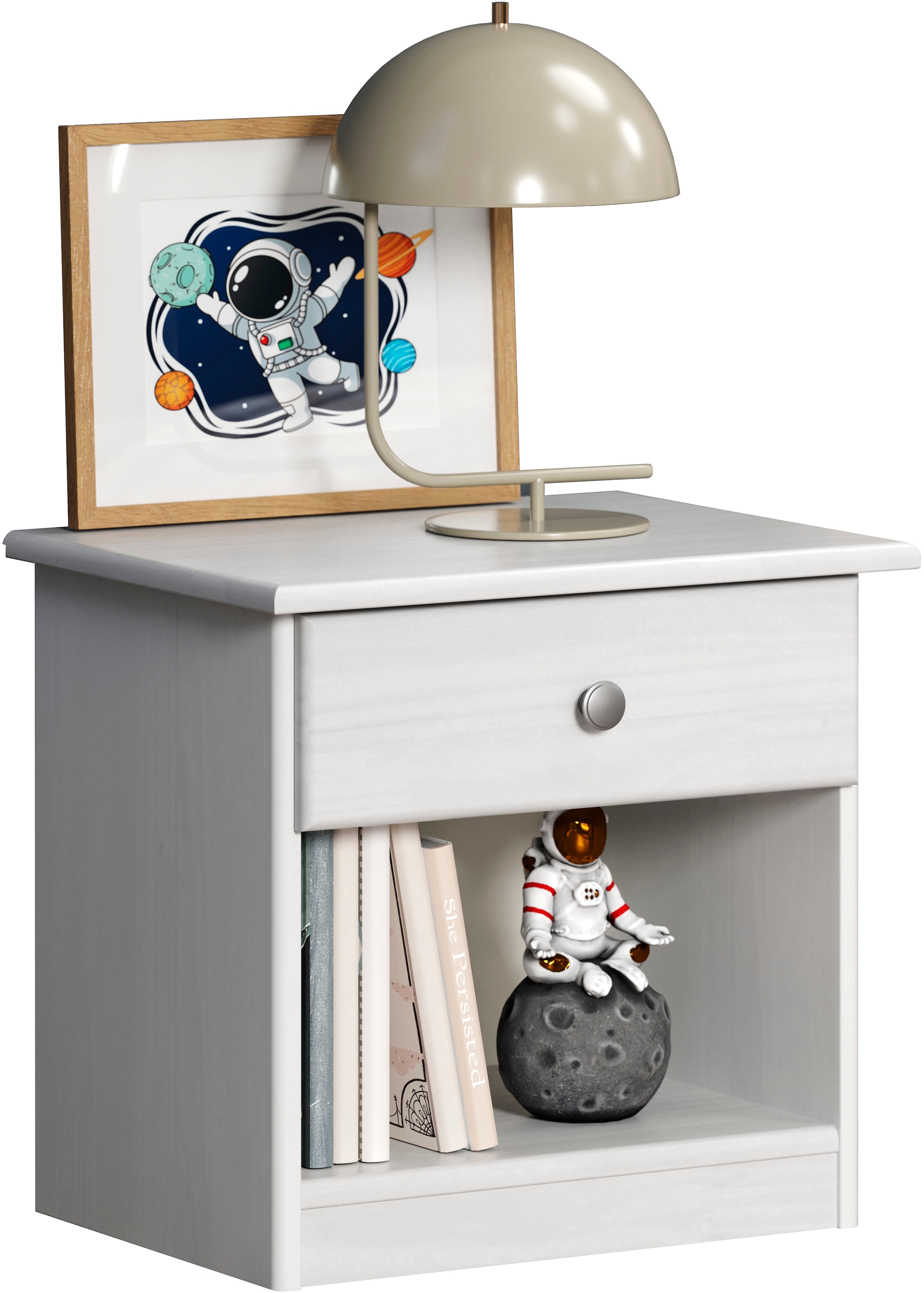 Home affaire Table de nuit »Delsbo Nachtschrank Schrank Schlafzimmer Beistellschrank« Landhaus Design aus Kiefernholz, 1 cuis tlg. Massivholz Nachttisch Weiss lackiert - Nachtkonsole (B/T/H) 44/34/41 cm