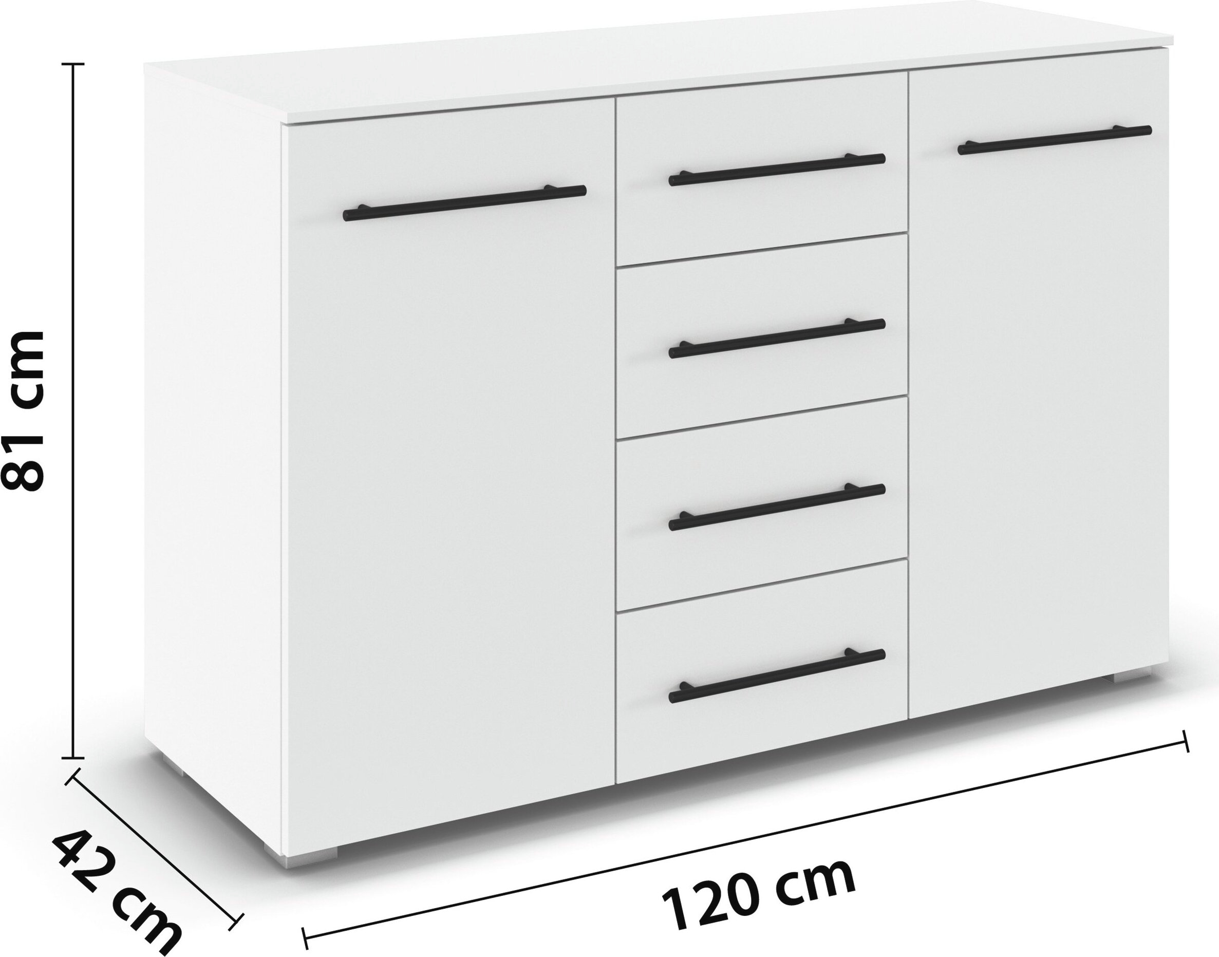 GOODproduct Kombikommode »Sideboard Türkommode Schubladenkommode Kommode RONDO« Breite 120 / Höhe 81 cm, 4 Einlegeböden,  mit 4 geräumigen Schubladen Metallgriff in Schwarz MADE IN GERMANY