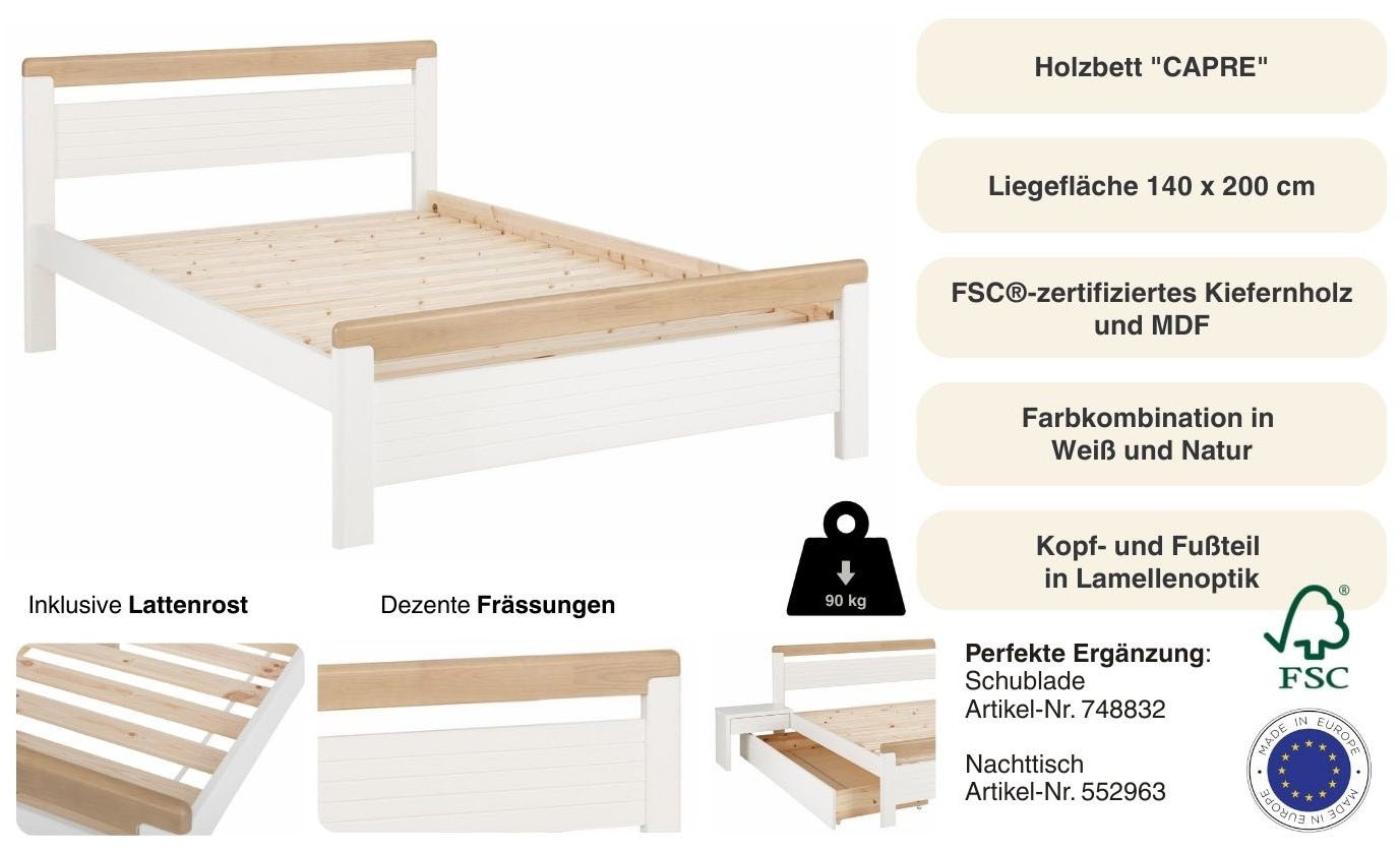 GOODproduct Massivholzbett »"CAPRE" im skandinavischem Landhausstil« mit Rollrost, aus zertifiziertem Massivholz, Lamellenoptik