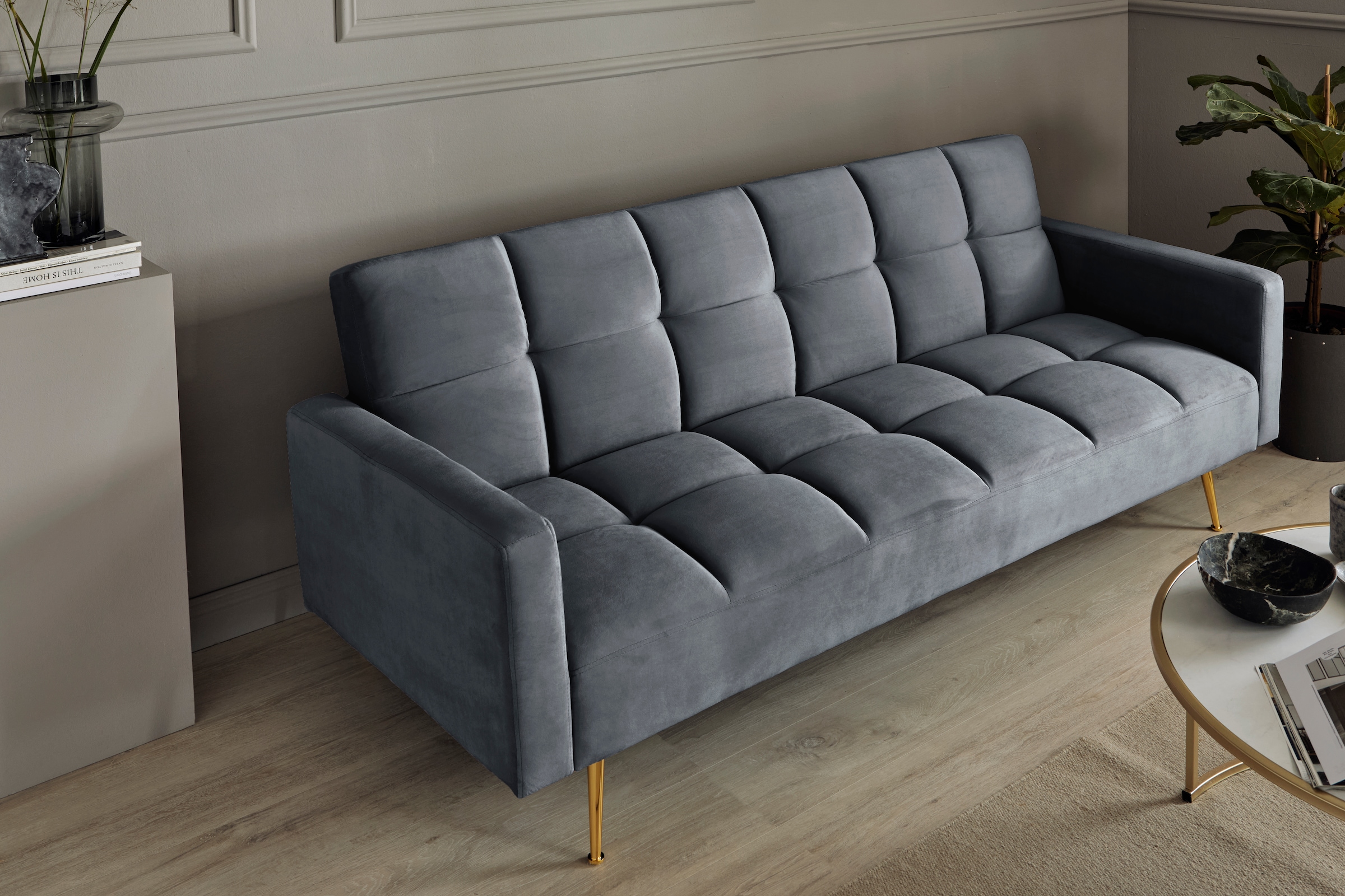 Jahnke Schlafsofa »CHILLAX POSH« mit Schlaffunktion, edler Samtstoff & Füsse im Gold-Look, Breite 213 cm