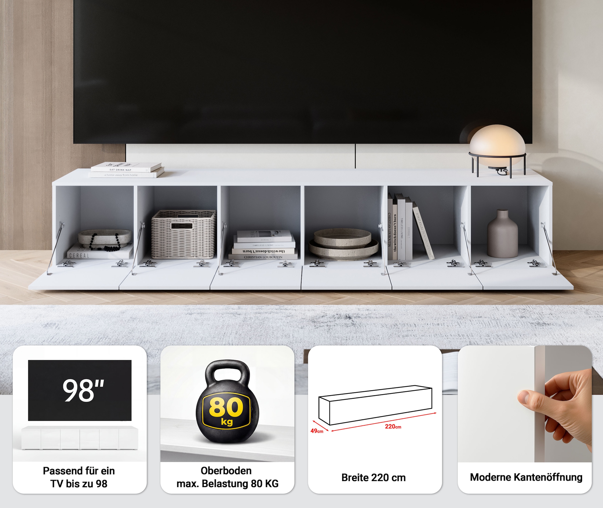 GOODproduct Lowboard »Denver Erlebe die Weltmeisterschaft im XXL-Format« 1 Stk. tlg. Elegantes TV-Möbel 220 cm, speziell für bis zu 98-Zoll Fernseher