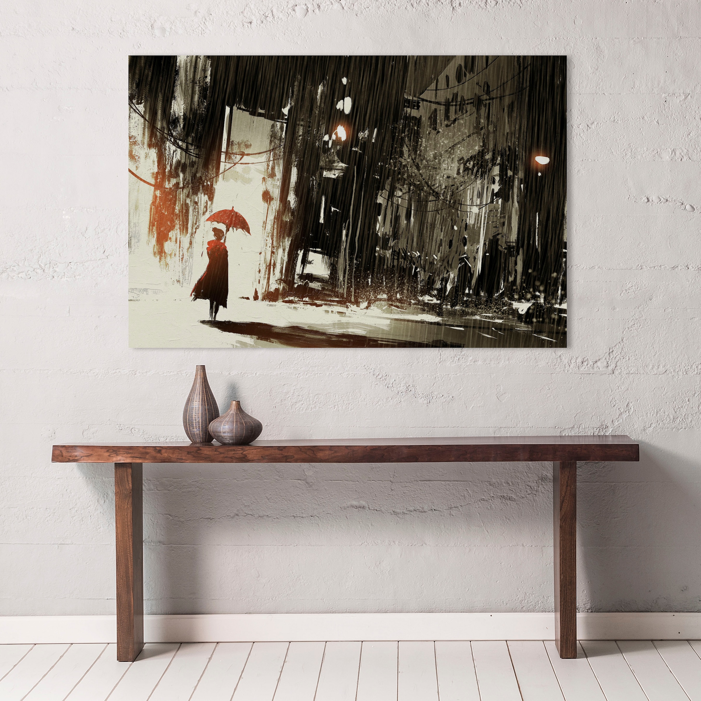 queence Leinwandbild »Frau im Regen« Filmszene | Frau | Gebäude | Rain | Städte Premium-Leinwandstoff, Handarbeit aus Deutschland