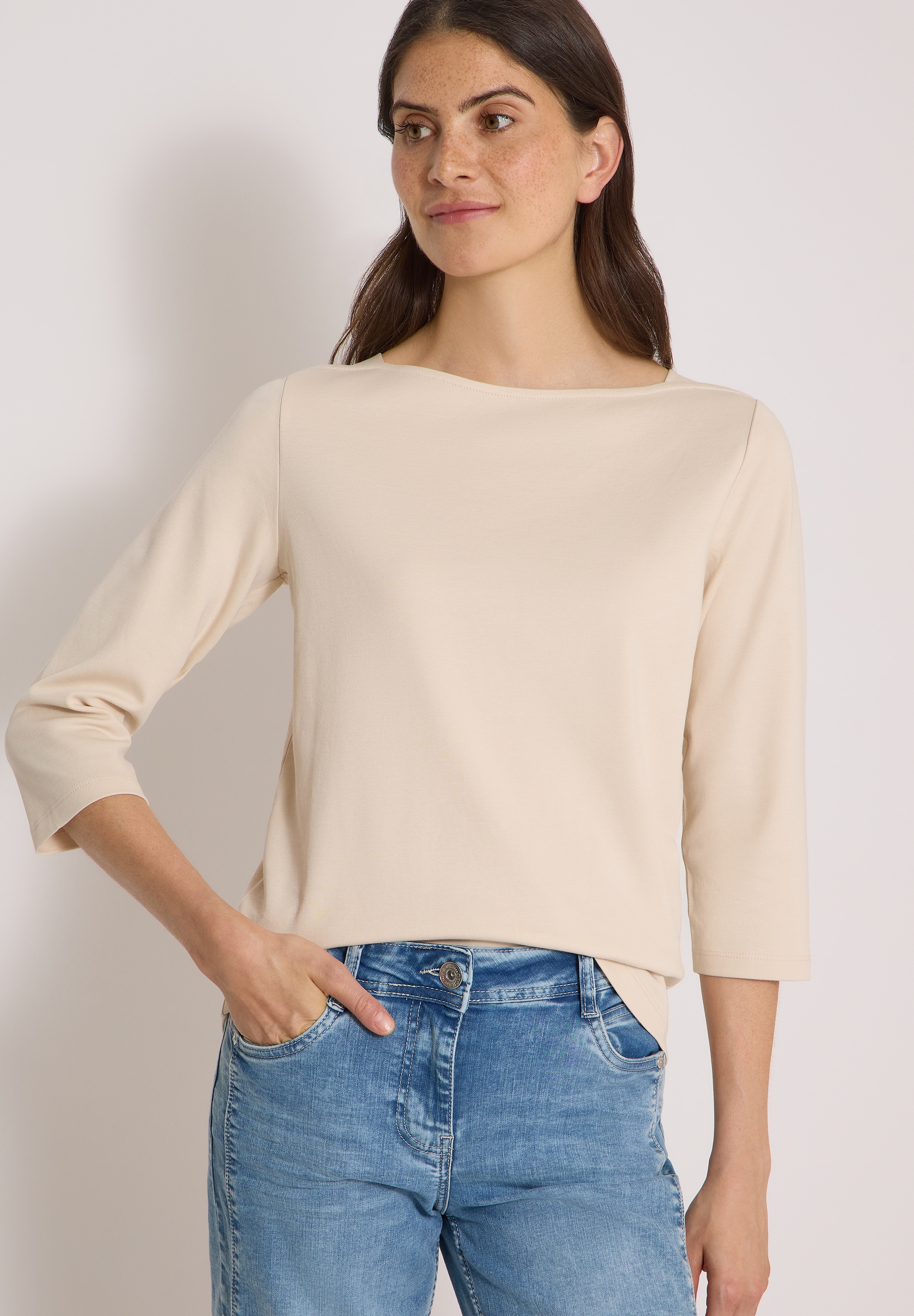 Cecil T-shirt à manches 3/4 col bateau, uni, coton
