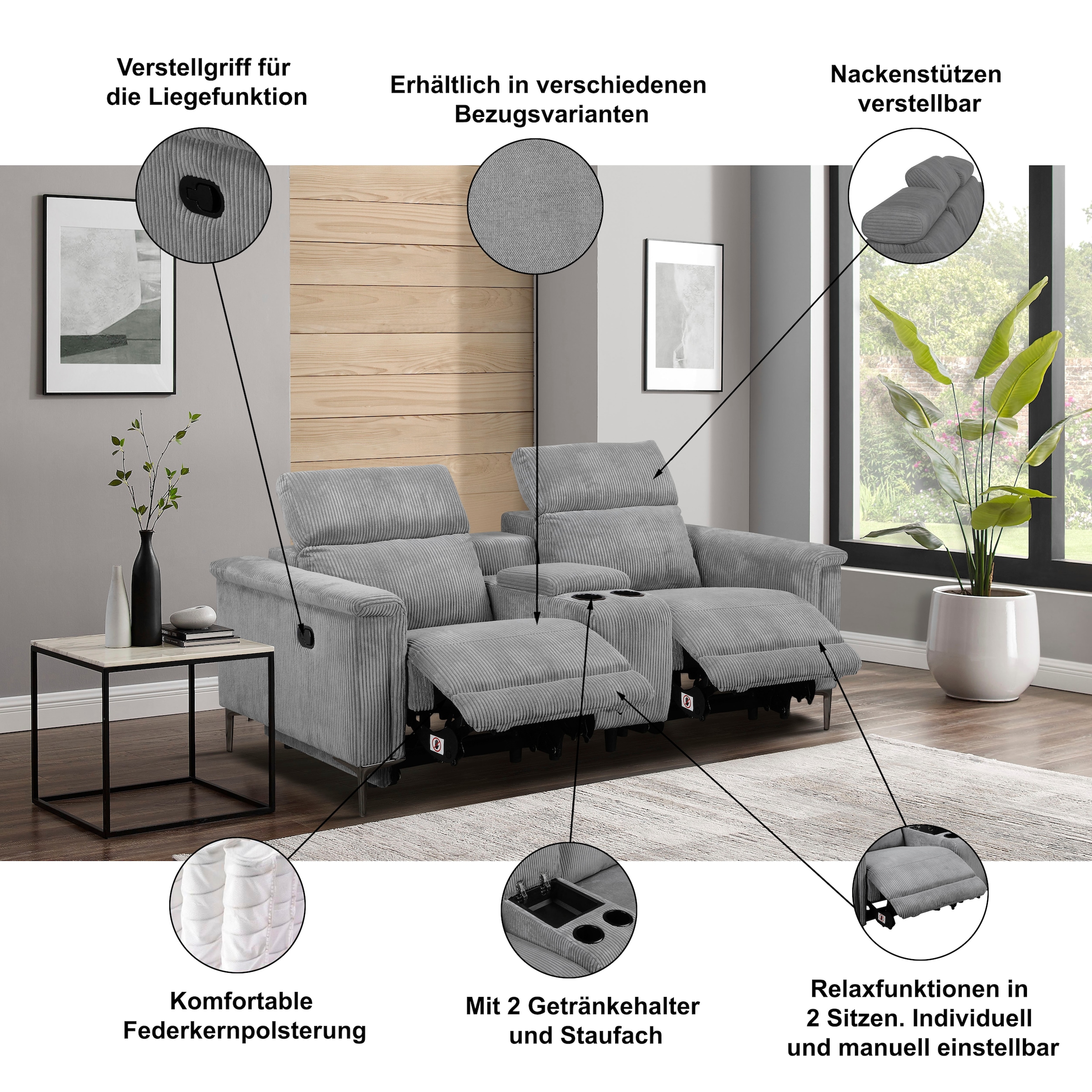 Home affaire 2-places »Lund, 2er-Kinosofa, TV-Sessel, Multimedia-Sofa, USB-A,« m. elektrischer o. manueller Relaxfunktion, Getränkehalter u. Staufach