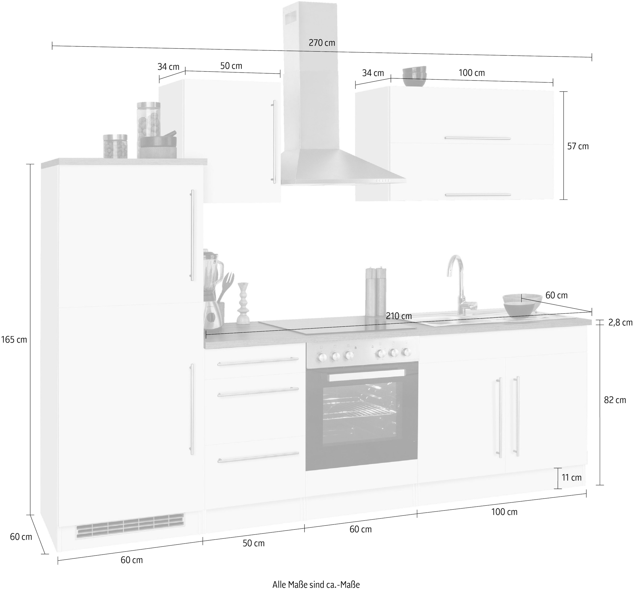 KOCHSTATION Kitchenette »KS-Samos« largeur 270 cm, avec appareils électroménagers en option, avec plan de travail
