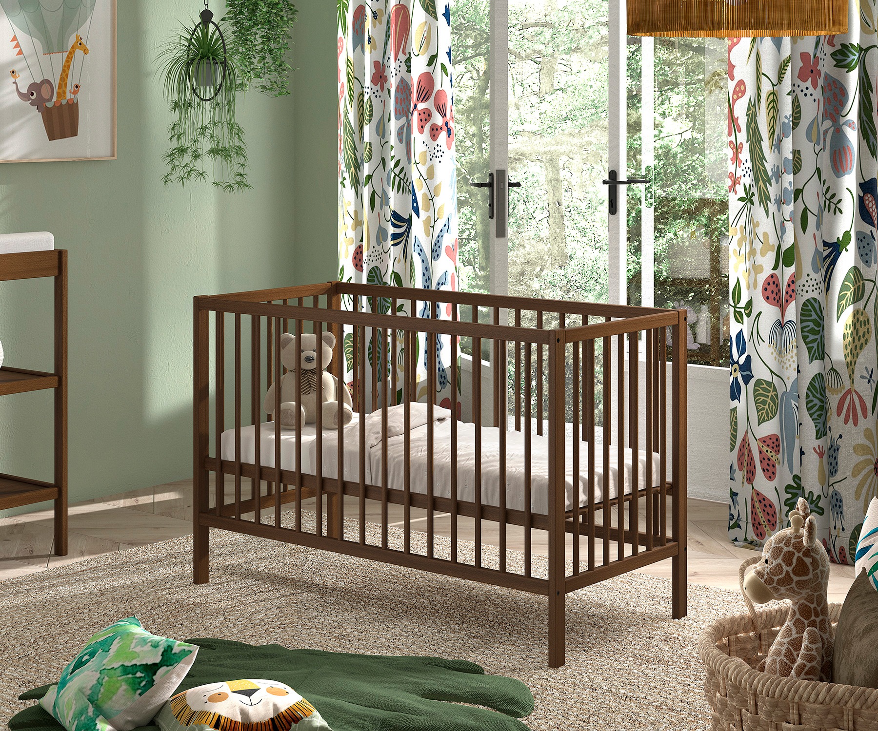 Vipack Lit bébé »DINO, ideal für Ihr Kinderzimmer, Made in Europe, Buche massiv« 60/120cm, hauteur de couchage réglable en 3 positions, hêtre couleur noyer
