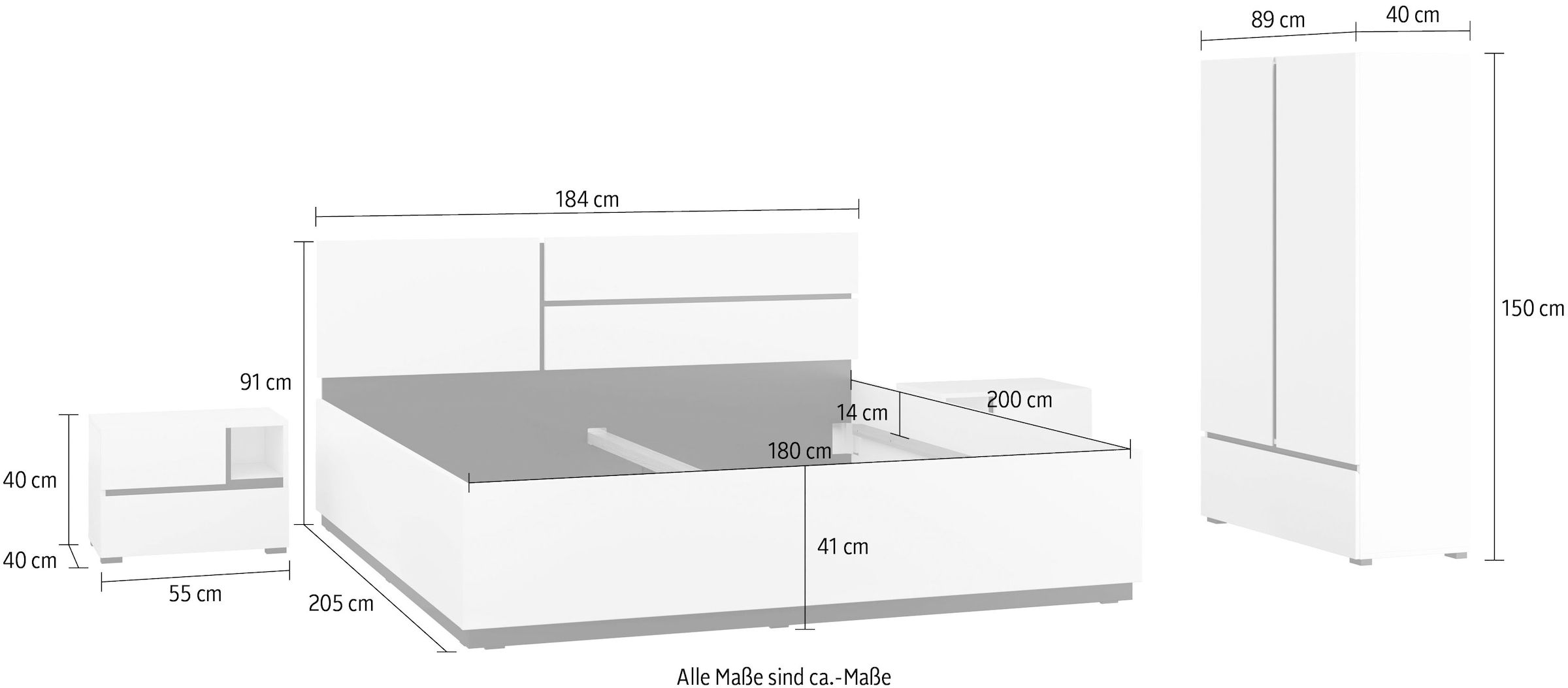 Home affaire Schlafzimmer-Set »Cross, moderne, grifflose Optik, FSC-zertifiziert« Bett 180x200cm, 2 Nachtkommoden, Schrank 2-oder 4-türig, 4 Stk. tlg. Komplettschlafzimmer-Set