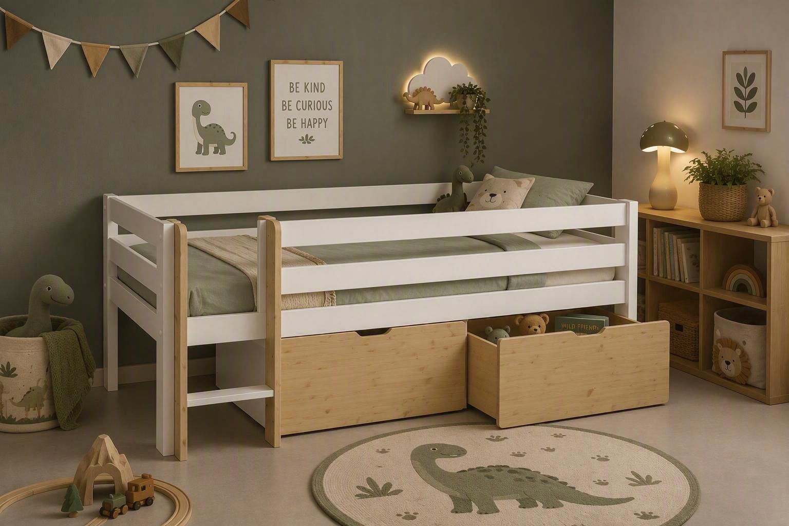 GOODproduct Kinderbett »Tide, maximaler Stauraum durch Schubkästen, Massivholz« Kinderbett inklusive Lattenrost und 2 Bettkästen, 4 tlg. Hochbett mit Rausfallschutz, Made in EU