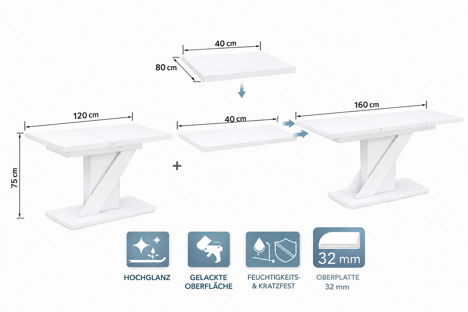 GOODproduct Table de salle à manger »Veneto, Säulentisch, Speisetisch, Küchentisch, ausziehbar bis 160 cm« Place pour jusqu'à 6 personnes, extensible grâce à une rallonge