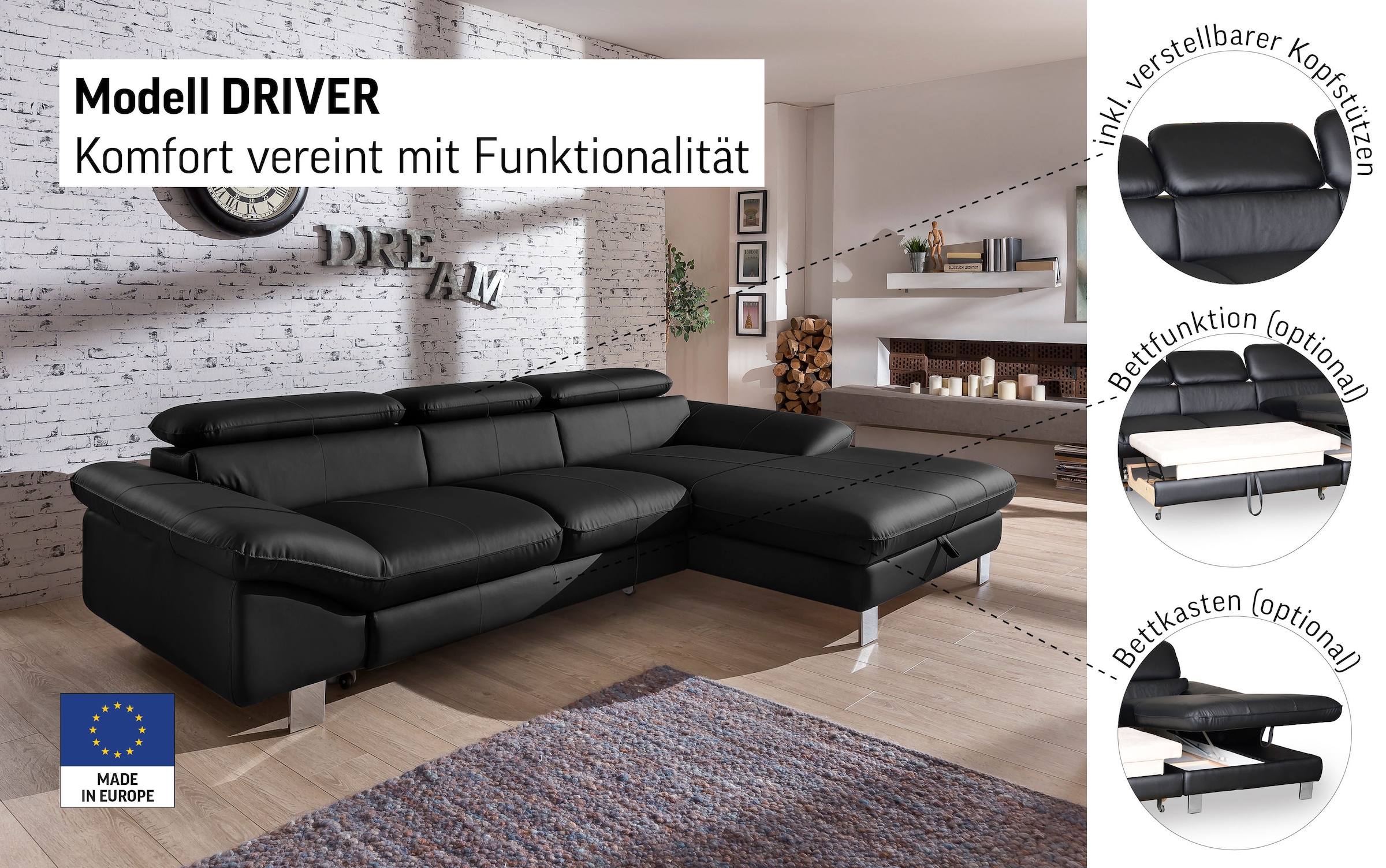 COTTA Canapé d'angle »Driver L-Form« mit Kopfteilverstellung, wahlweise mit Bettfunktion & Bettkasten