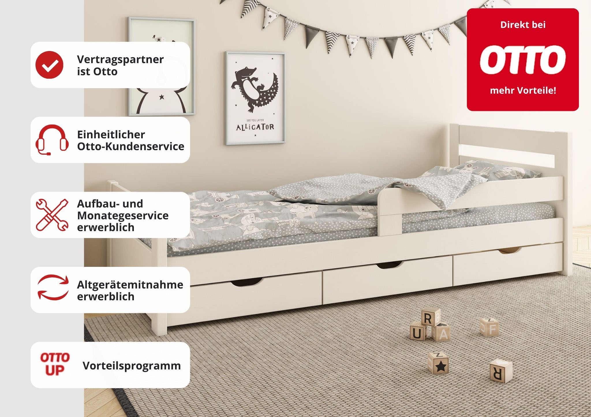 GOODproduct Kinderbett »"TIMMO " , inklusive 3 Schubkästen« bodentief, mit Rausfallschutz, zertifiziertes Massivholz