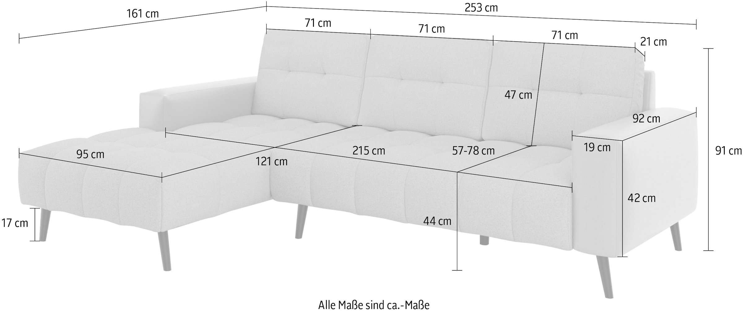 Home affaire Ecksofa »SERINE mit Recamiere rechts/links bestellbar, Masse B/H/T 253/91/161 cm« L-Form mit Wellenunterfederung, 3 Rückenkissen, ohne Bettfunktion