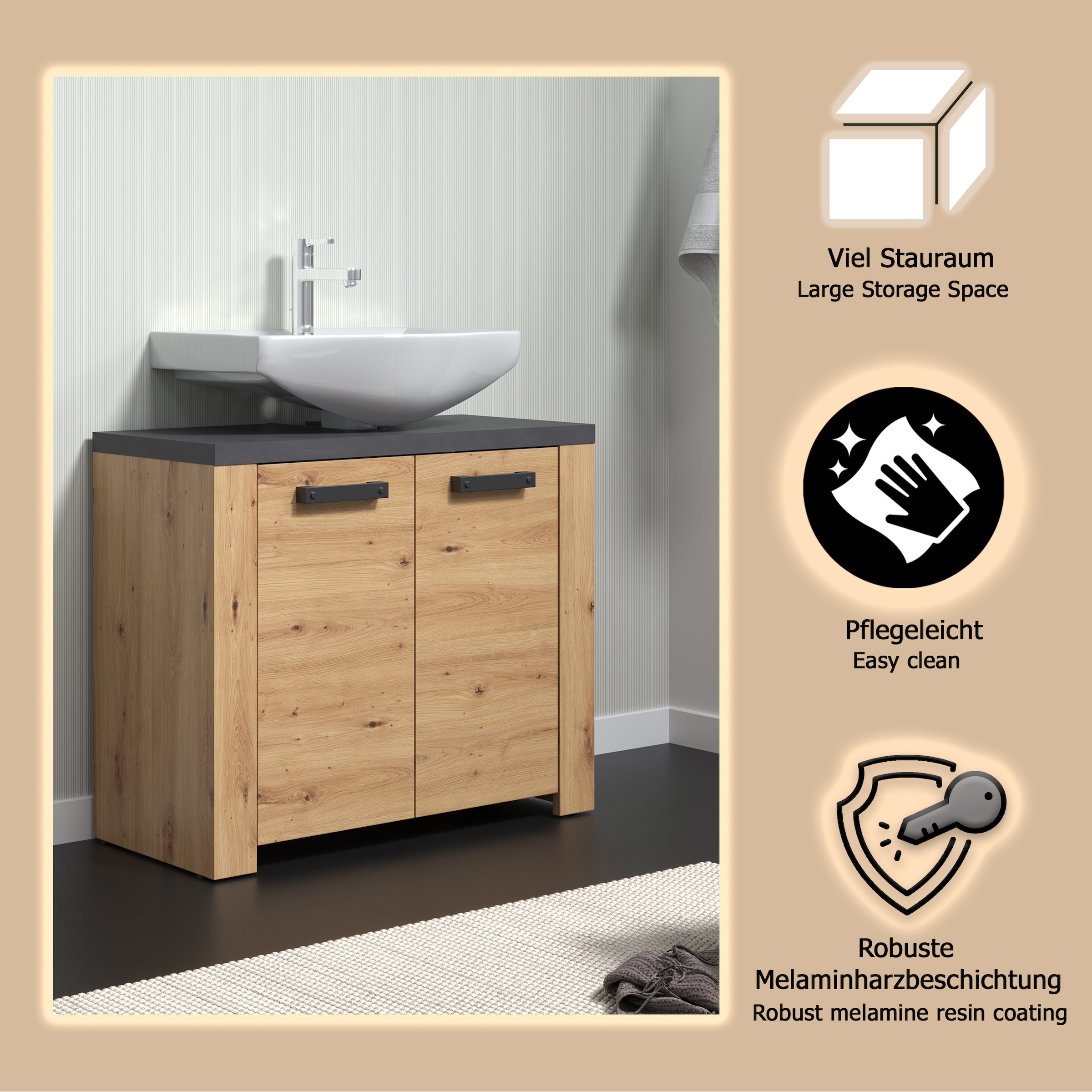 welltime Waschbeckenunterschrank »Ambres« Waschbeckenunterschrank mit 2 Türen - (B/T/H) 79/35/67 cm