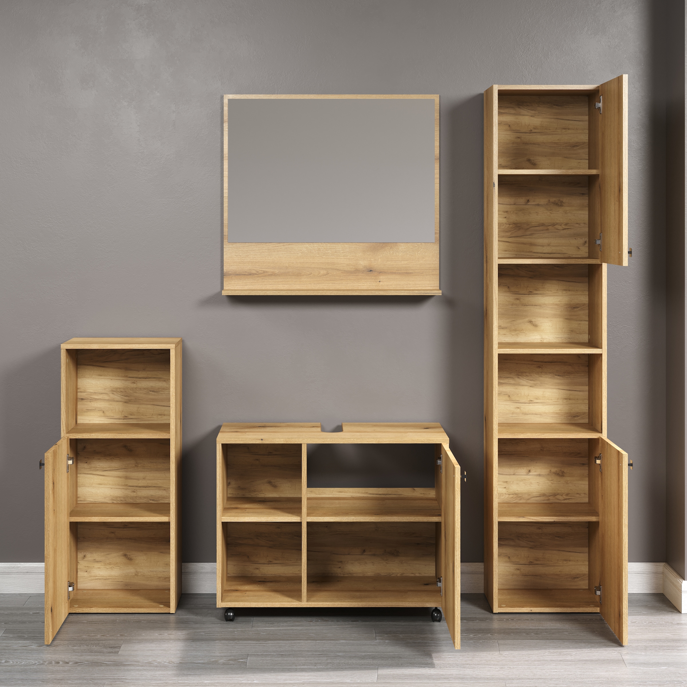 welltime Badmöbel-Set »Amrum Waschbeckenunterschrank Spiegel Hochschrank Badschrank« Komplett-Set, 4 Stk. tlg.