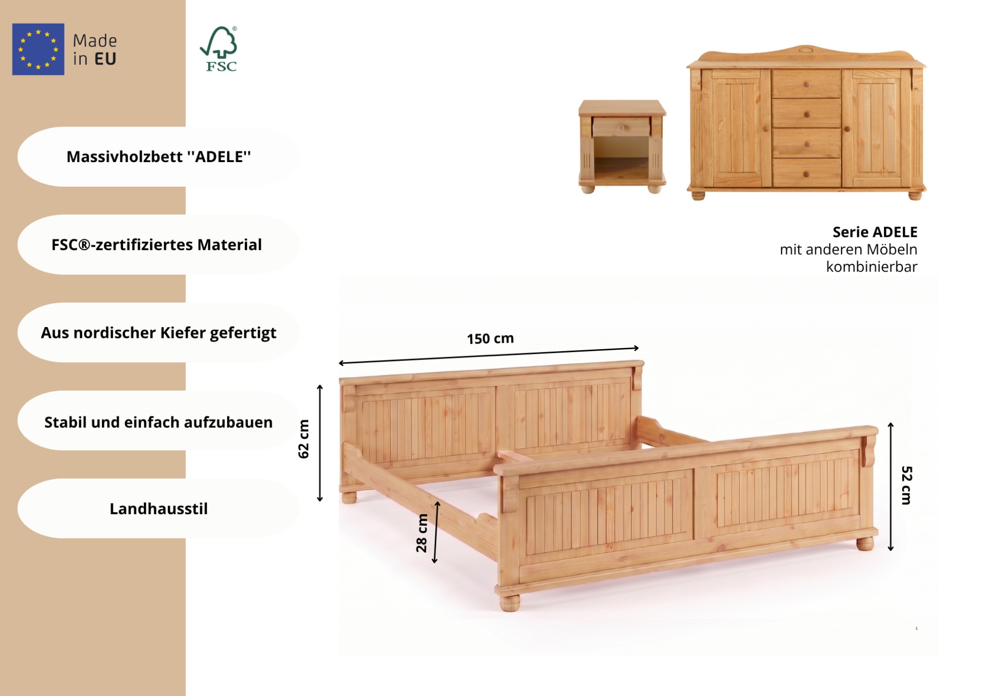 GOODproduct Lit en bois massif »Adele« Largeur 140 ou 180 cm, style maison de campagne,  en pin massif, belle optique à caissons, optique lamelle