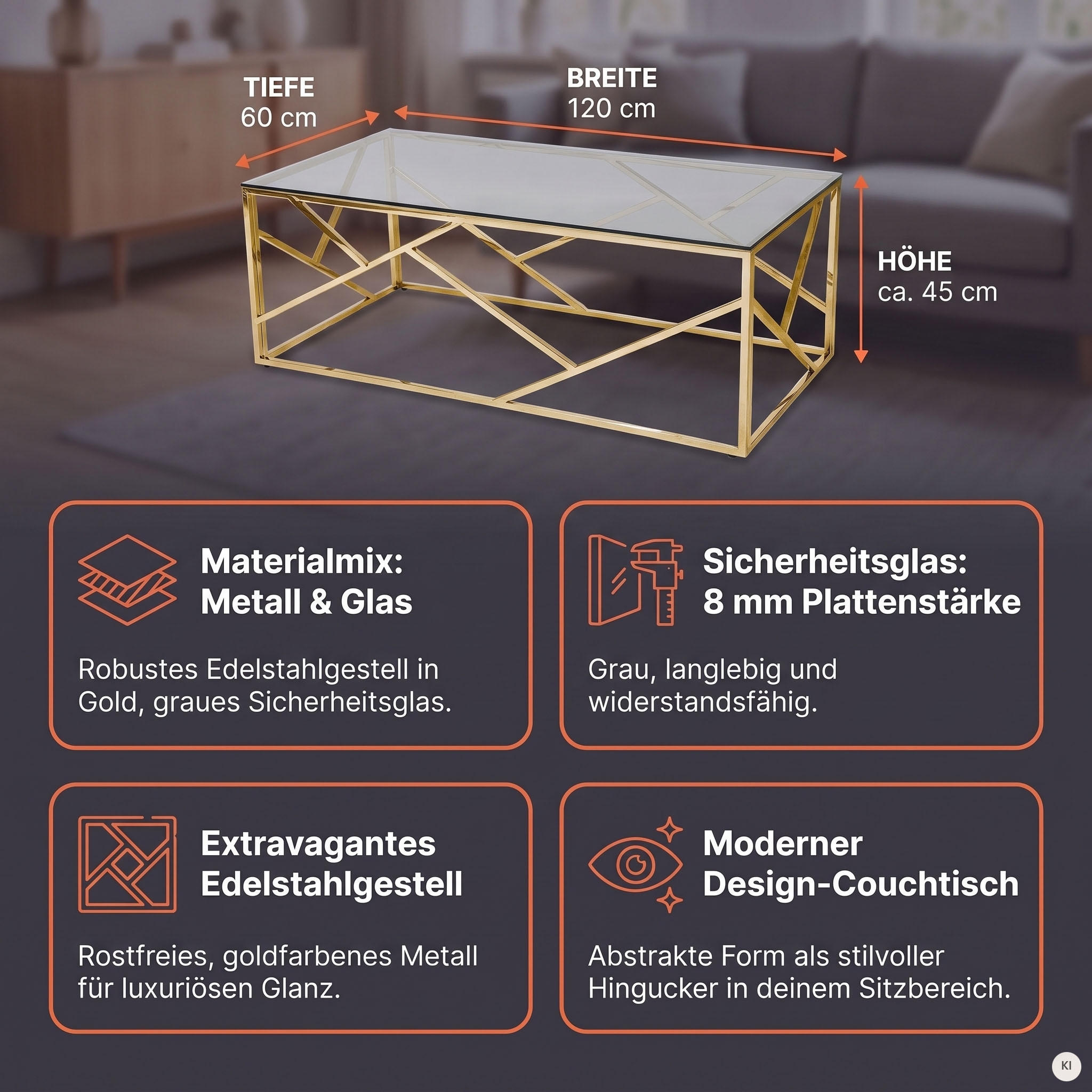 SalesFever Table basse »Glastisch mit stilvoller Eleganz« Structure en acier inoxydable - inoxydable et durable