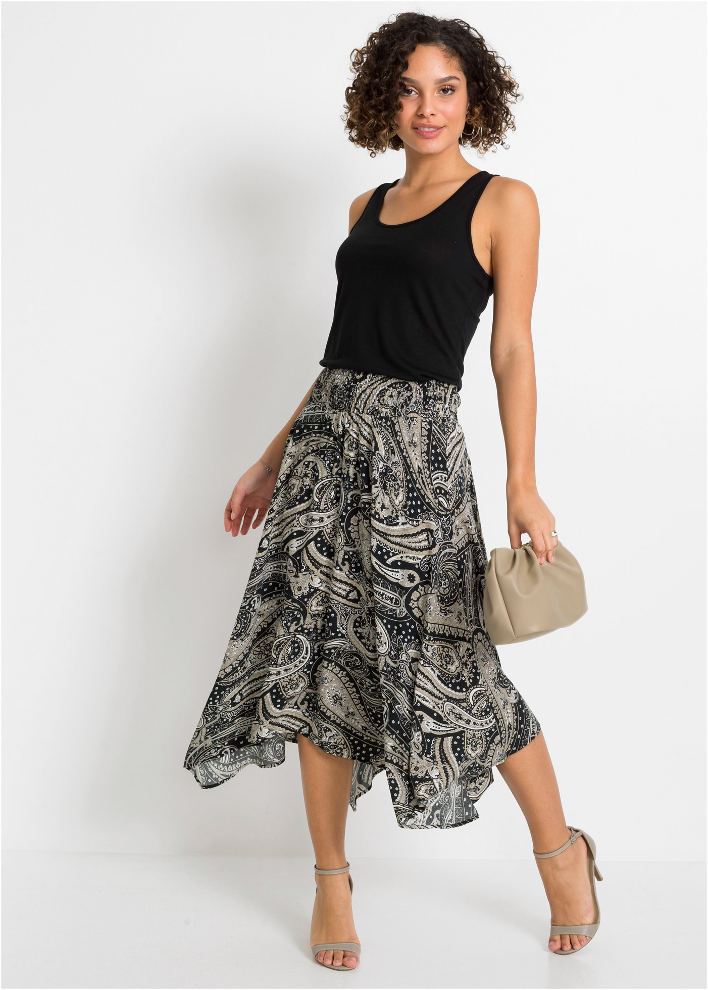 bonprix Midirock aus Viskose, Loose Fit, mit elastischem Bund mit Smokbündchen