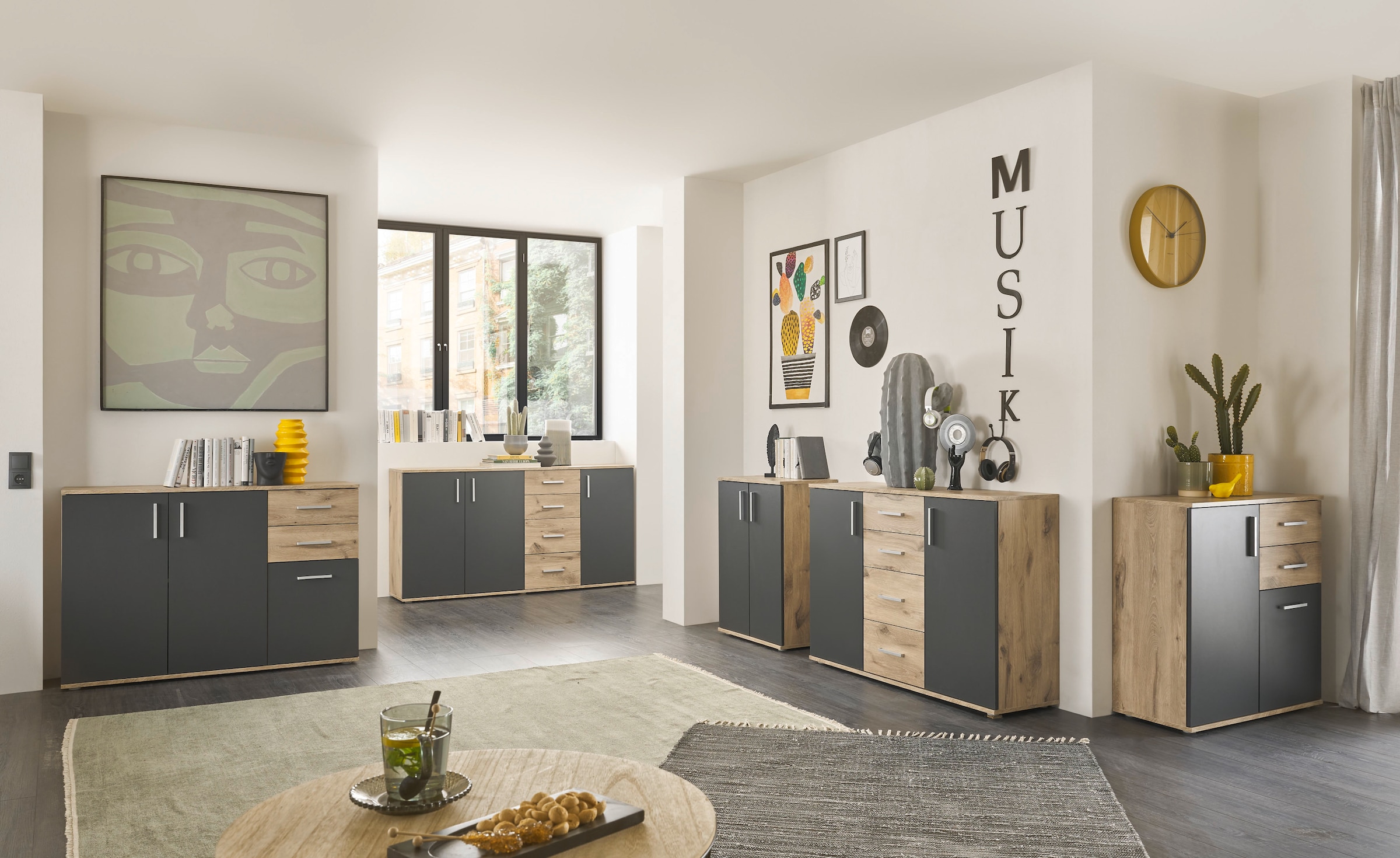 HBZ Kommode »BC-Drift-2, Sideboard Stellmass BxHxT 120x84x35 cm« 1 Stk. tlg. Kommode mit 3 Türen, 2 Schubkästen und 1 Einlegeboden