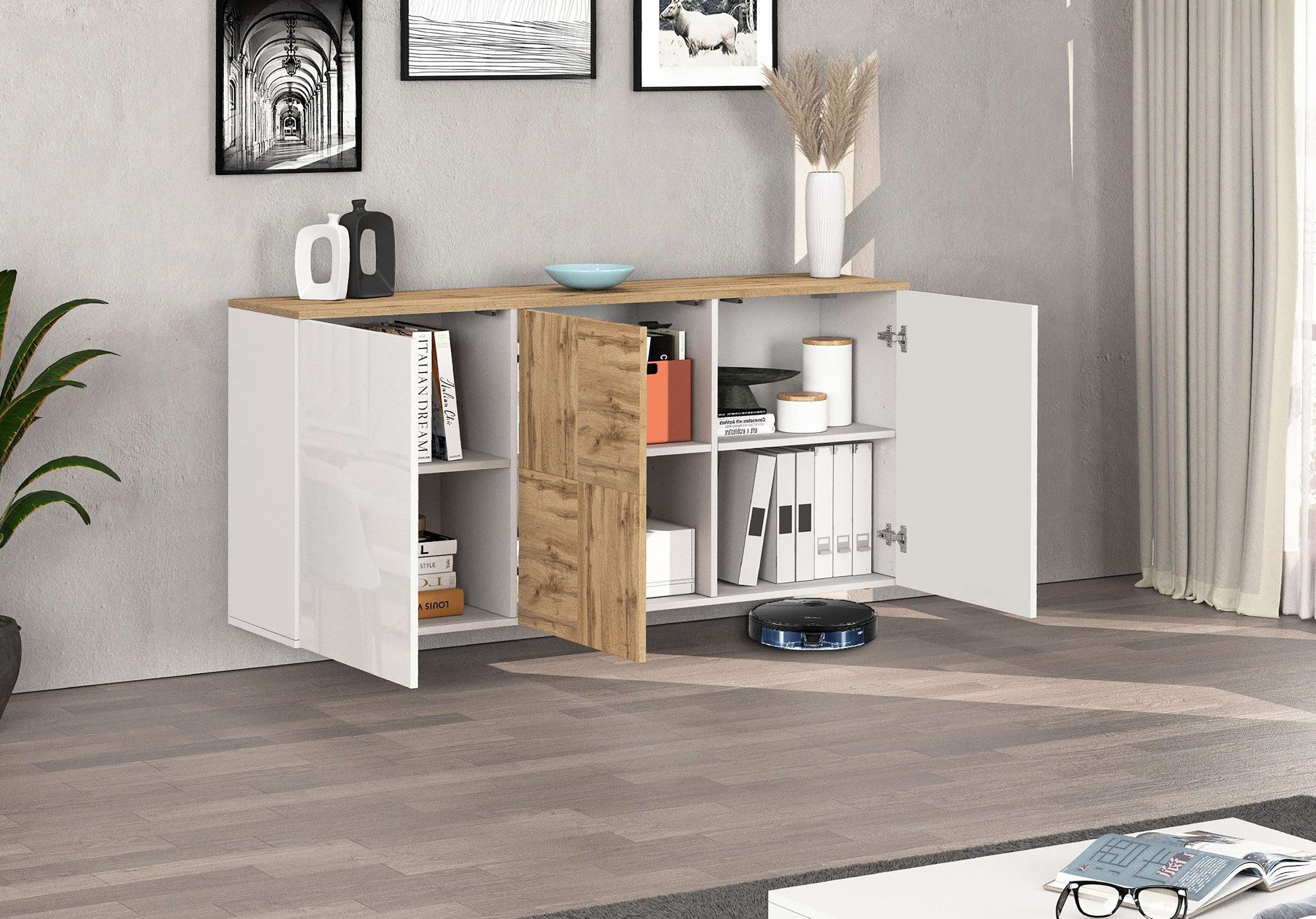 GOODproduct Sideboard »ISEO, Kommode, Schrank, Sideboard, Lowboard, 6 Fächer, Breite 150 cm« 1 Stk. tlg. stehend/hängend, 3 Türen Hochglanz lackiert, Made in Italy