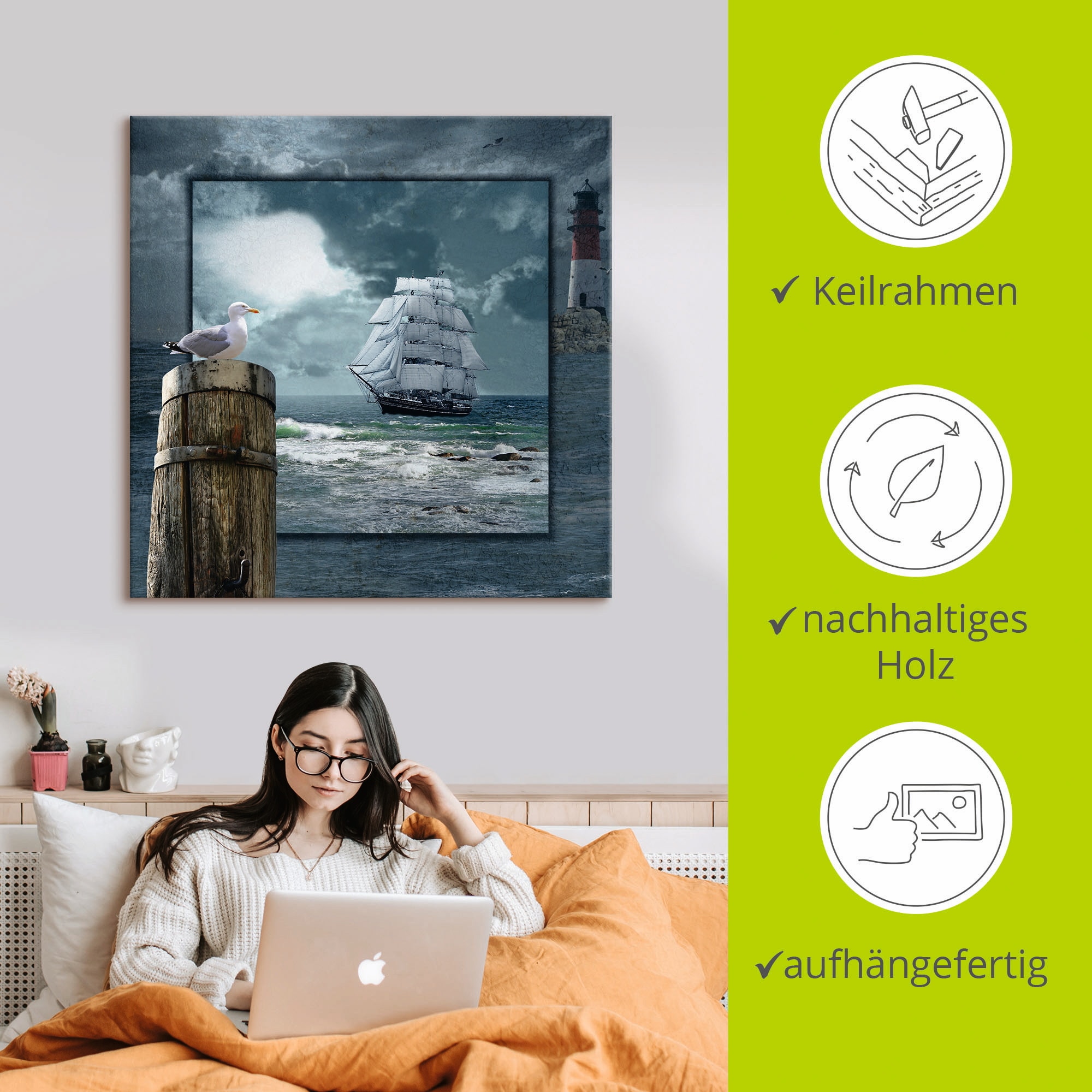 Artland Leinwandbild »Maritime Collage mit Segelschiff« Boote & Schiffe 1 Stk. tlg. auf Holzrahmen gespannt