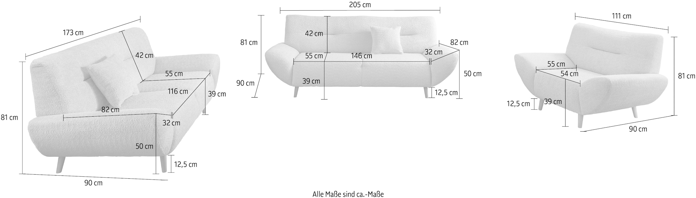 Home affaire Ensemble rembourré »DRAGO Set 3-2-1, zeitlose Garnitur, bodenfrei, Holzfuss« 3 pièces tlg.