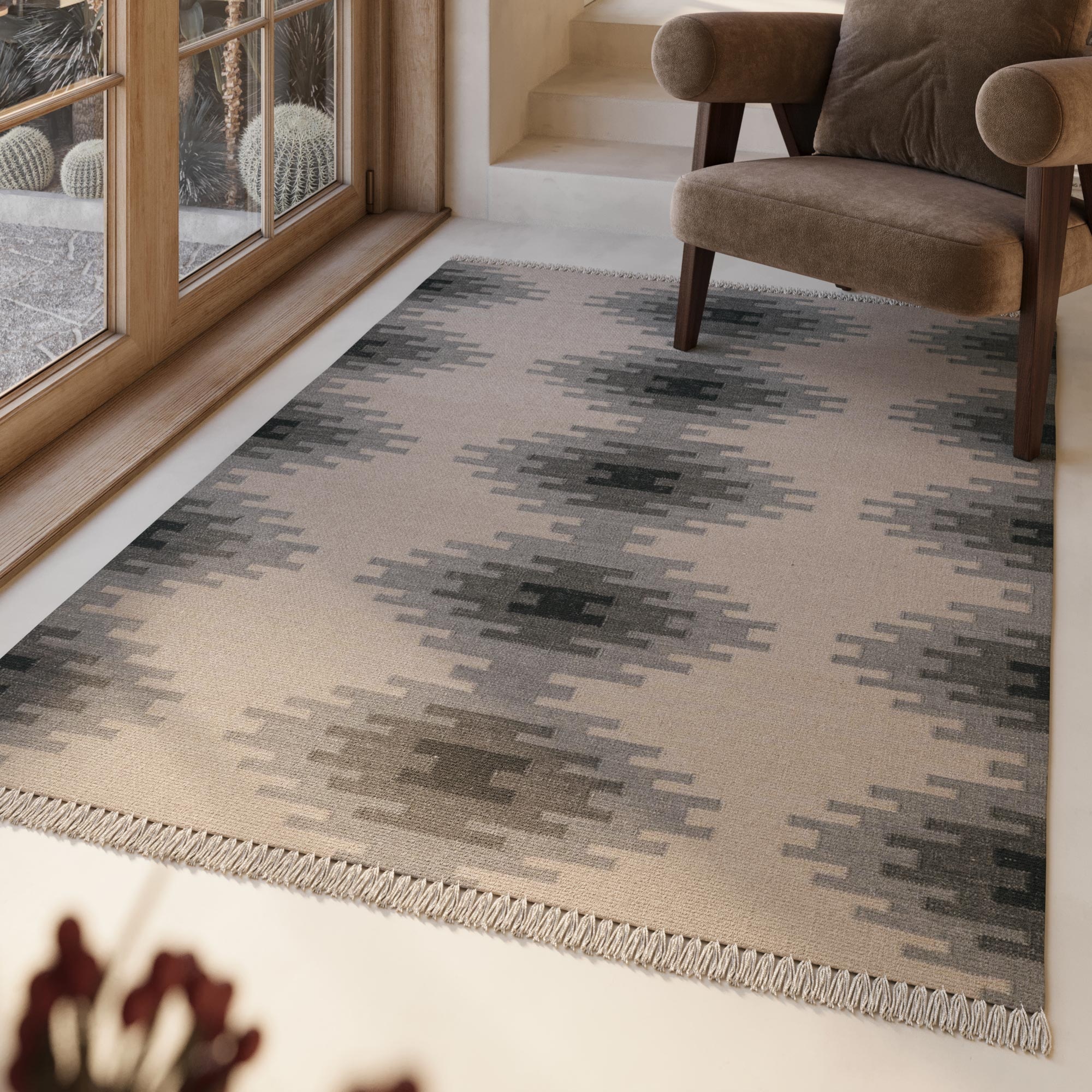 Green Looop Tapis en laine »Belle« Rectangulaire 5 mm Höhe Fransen, Kelim, handgewebt, Natur, Wohnzimmer, Schlafzimmer, Raute