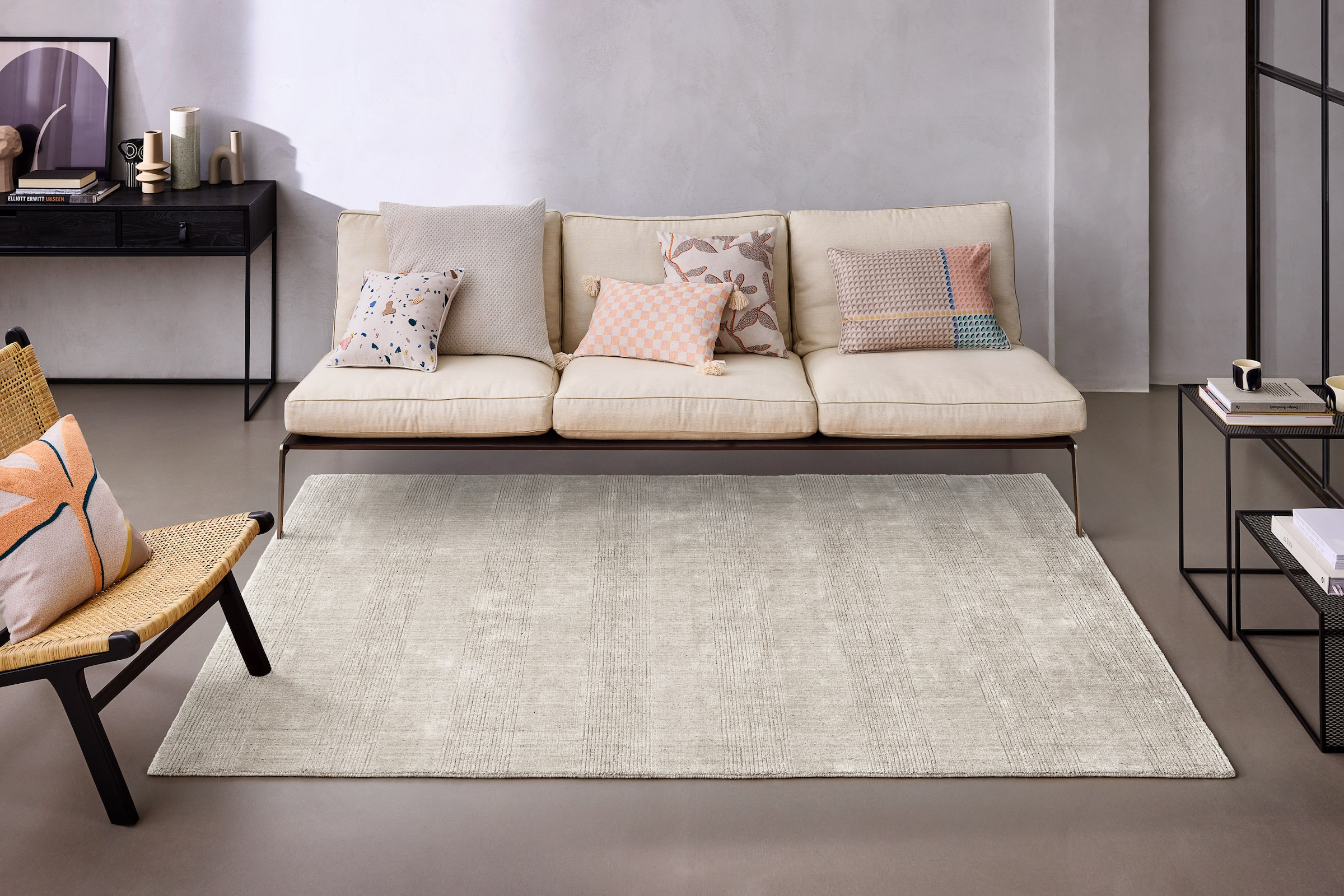 Wecon home Tapis »Seattle« Rectangulaire 11 mm Höhe Kurzflorteppich, handgewebt, TENCEL & Schurwolle, Streifen, Wohnzimmer