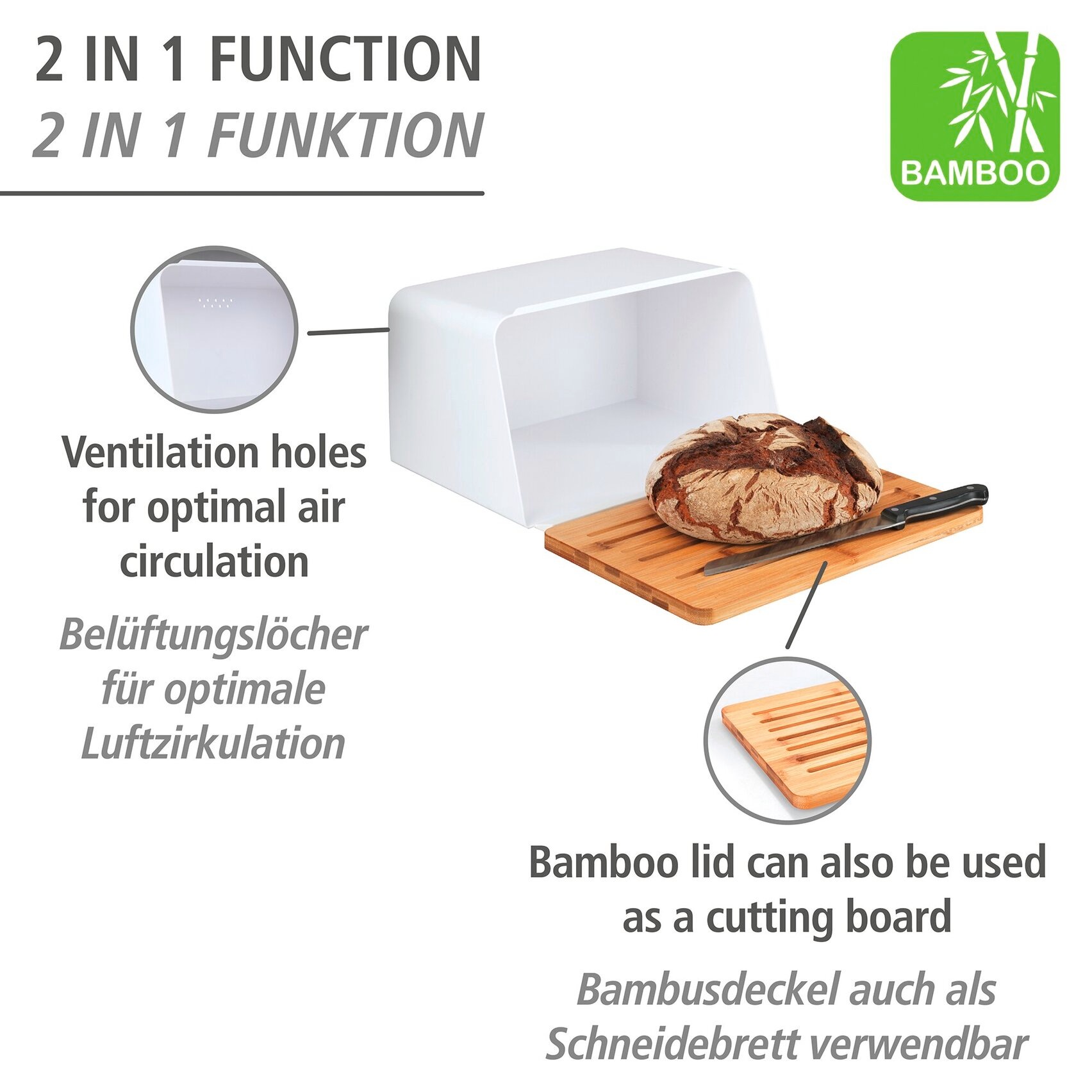 WENKO Boîte à pain »Modell Kubo« Boîte à pain moderne avec planche à découper intégrée comme couvercle